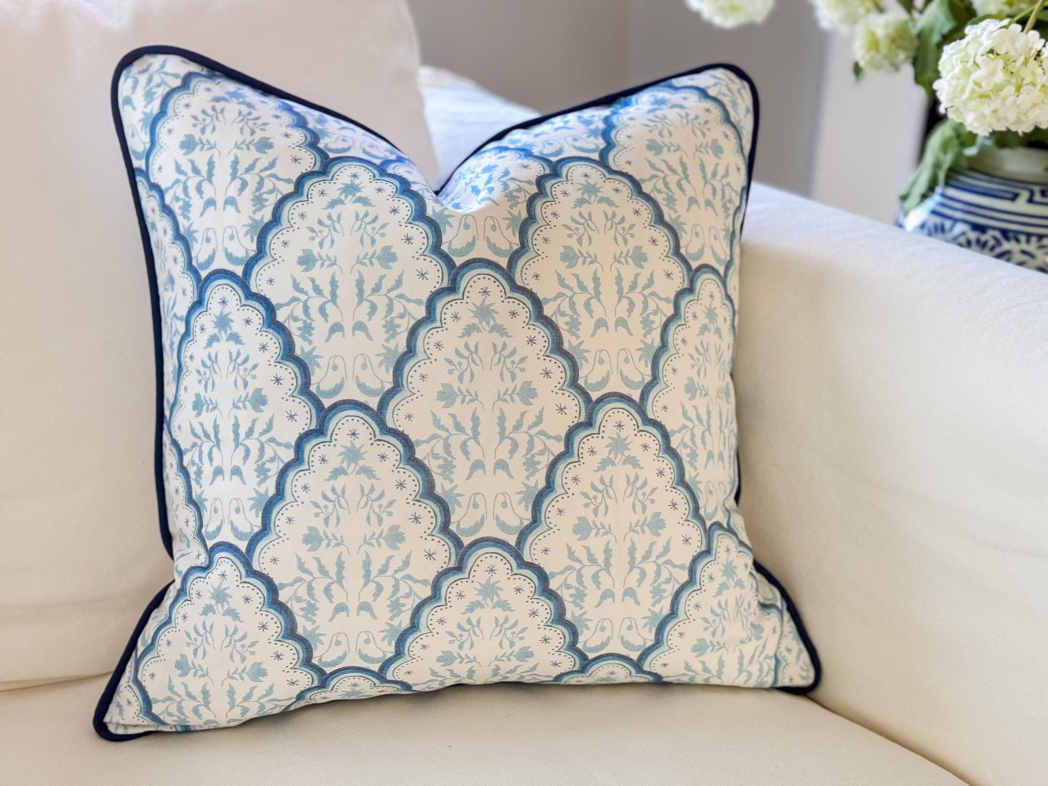 Danika Herrick Blue Scallop Paisley Pillow Cover - Coastal Grandmillennial Decor