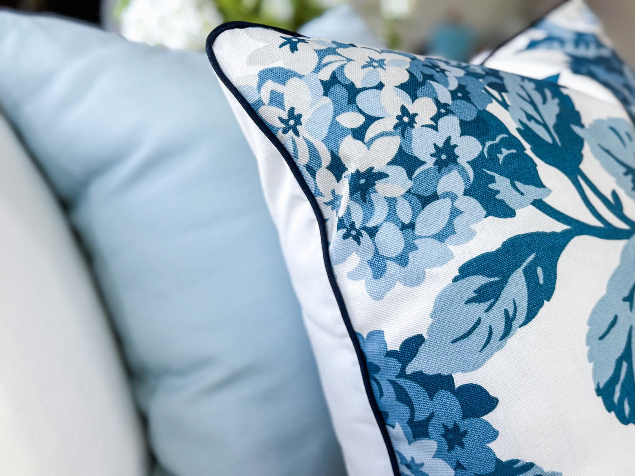 Blue Summer Wind Hydrangea Floral Pillow Cover - Farmhouse Cottagecore Grandmillennial Decor