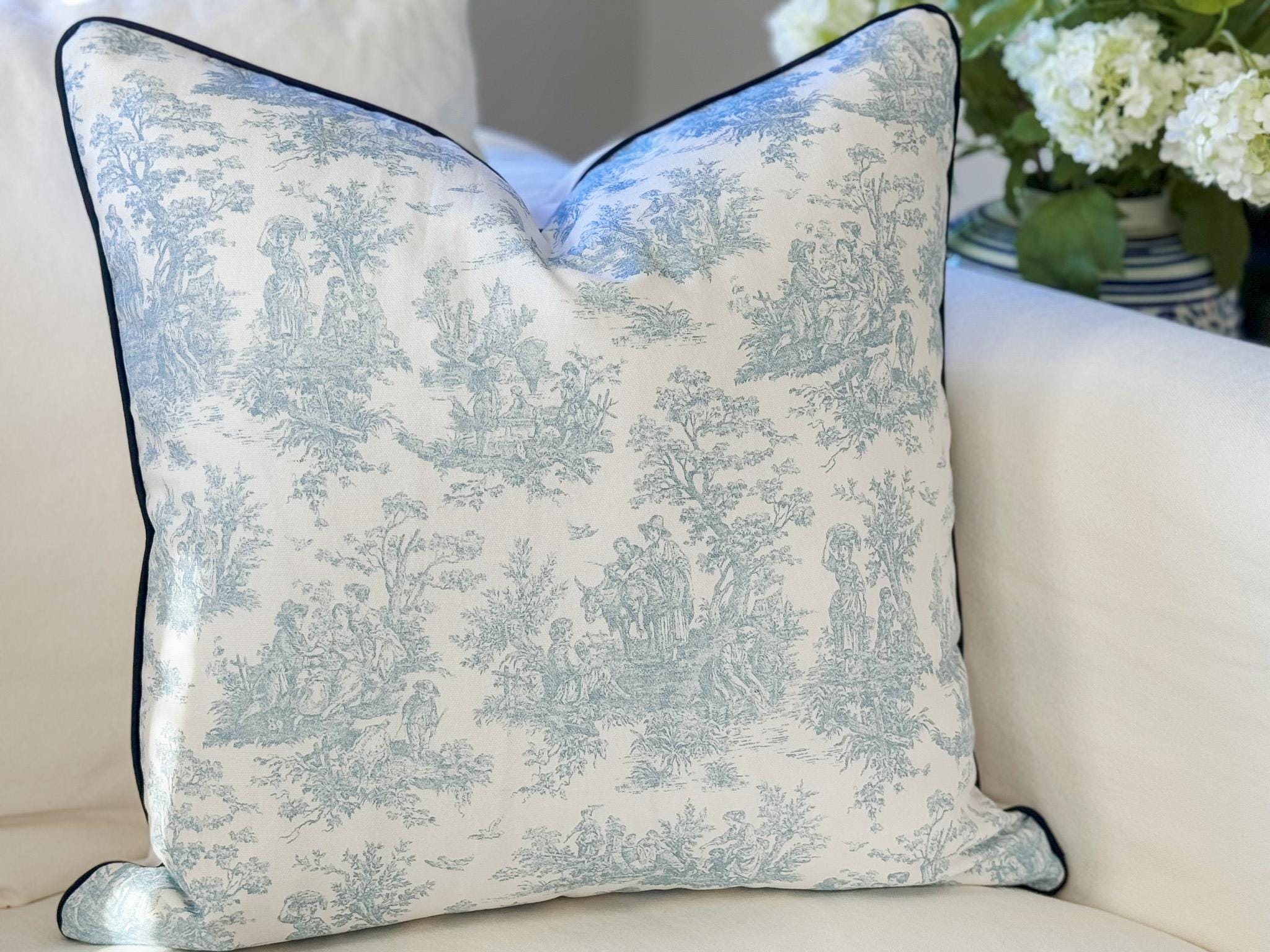 Light Blue Toile Pillow Cover - Farmhouse Cottage Decor