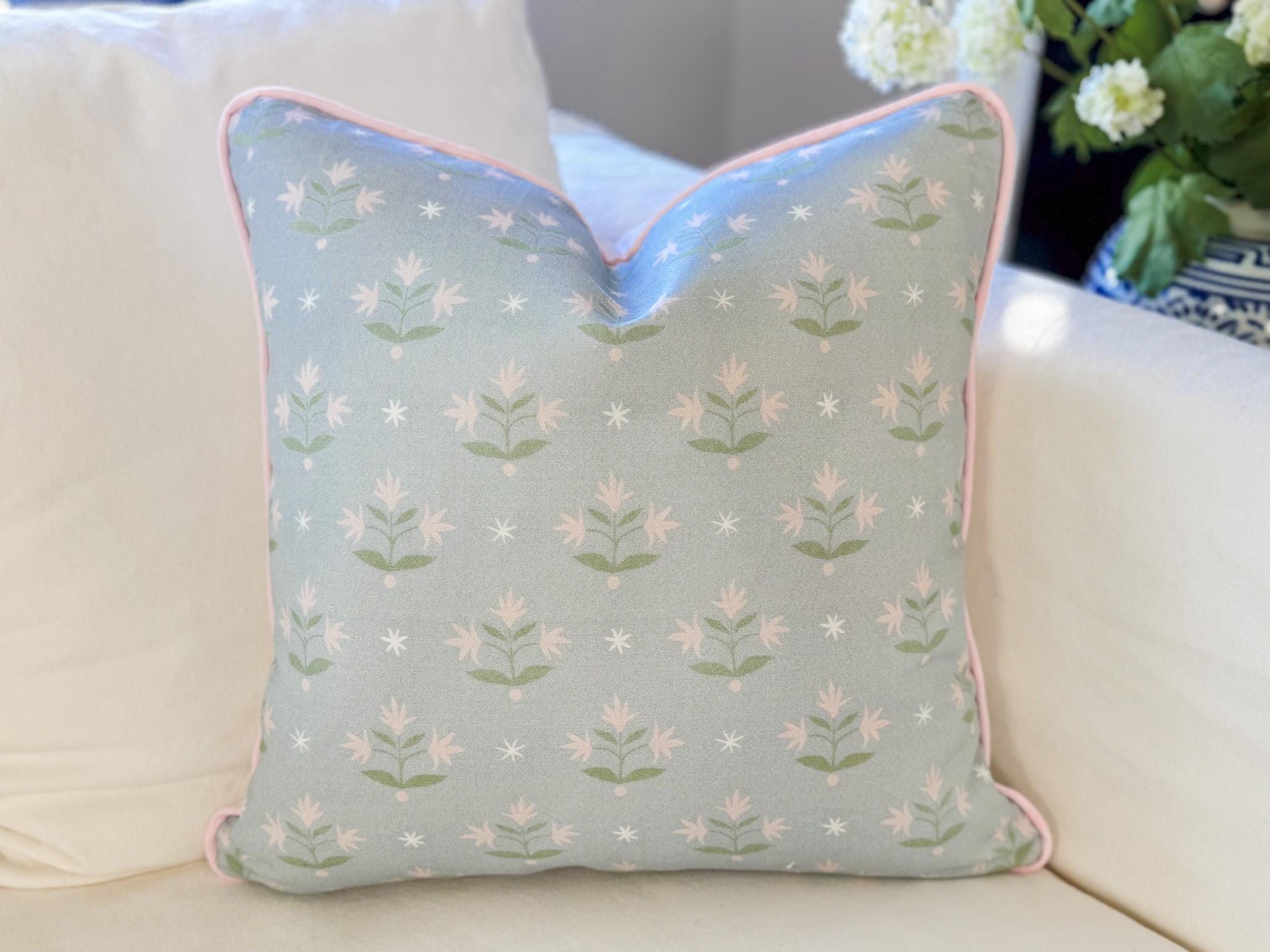 Danika Herrick Thistle Blue Floral Block Print Pillow Cover - Grandmillenial Decor