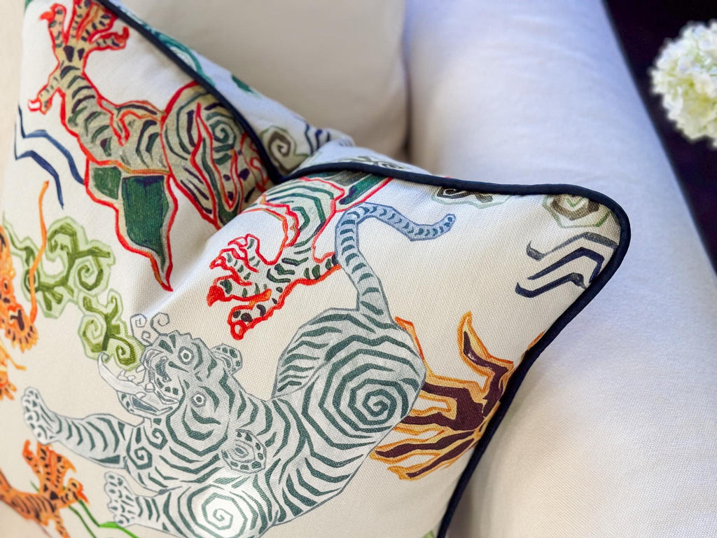 Hamilton Himalaya Tigers Dragon Pillow Cover in Natural - Grandmillennial Chinoiserie Decor