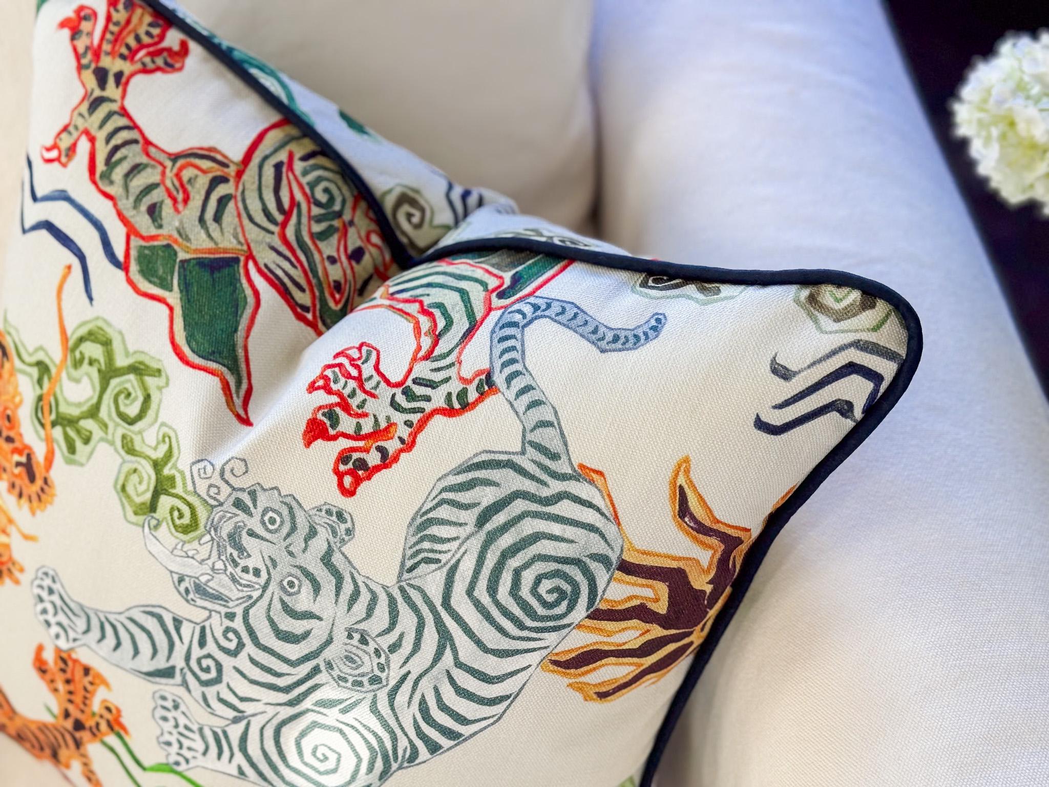 Hamilton Himalaya Tigers Dragon Pillow Cover in Natural - Grandmillennial Chinoiserie Decor