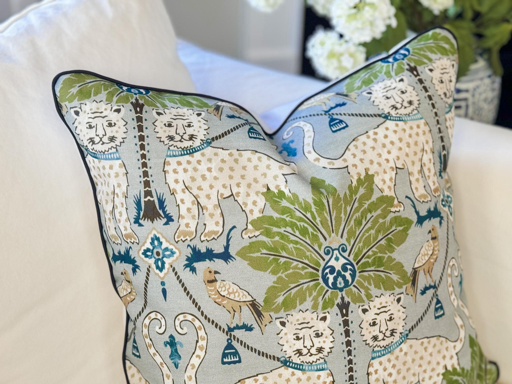 Happy Jaguar Indoor Outdoor Tropical Pillow Cover - Chinoiserie Grandmillenial Decor
