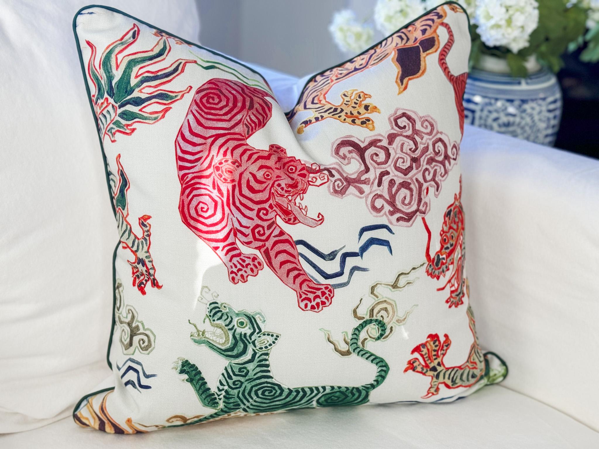 Hamilton Himalaya Tigers Dragon Pillow Cover in Natural - Grandmillennial Chinoiserie Decor