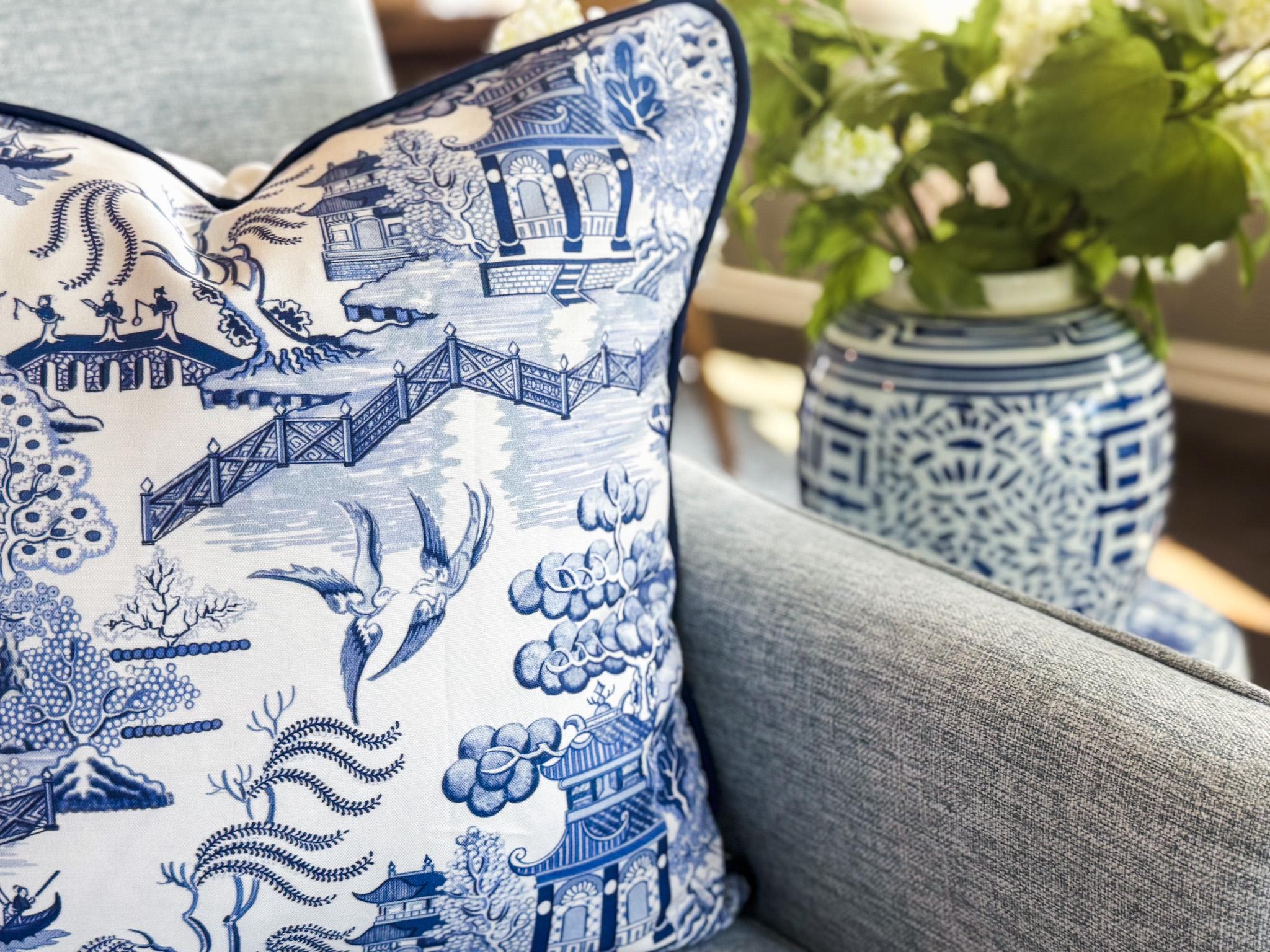 Whitney English Blue Willow Toile Pillow Cover - Grandmillennial Chinoiserie Decor