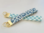 Blue Floral Keychain Bracelet: Buffalo Check Fabric Key Fob Wristlet