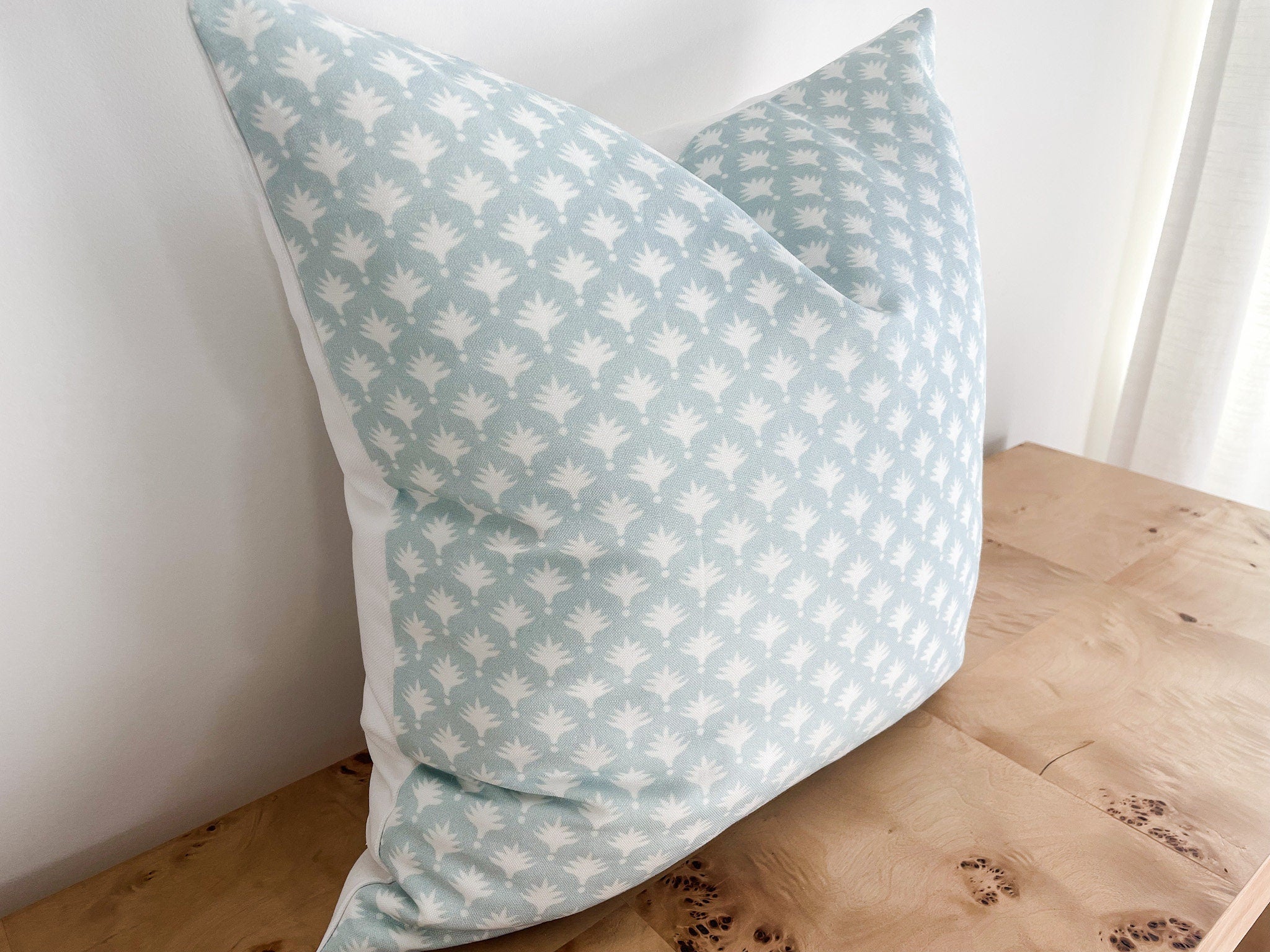 Danika Herrick Blue Tiny Palms Block Print Pillow Cover - Grandmillennial Coastal Decor