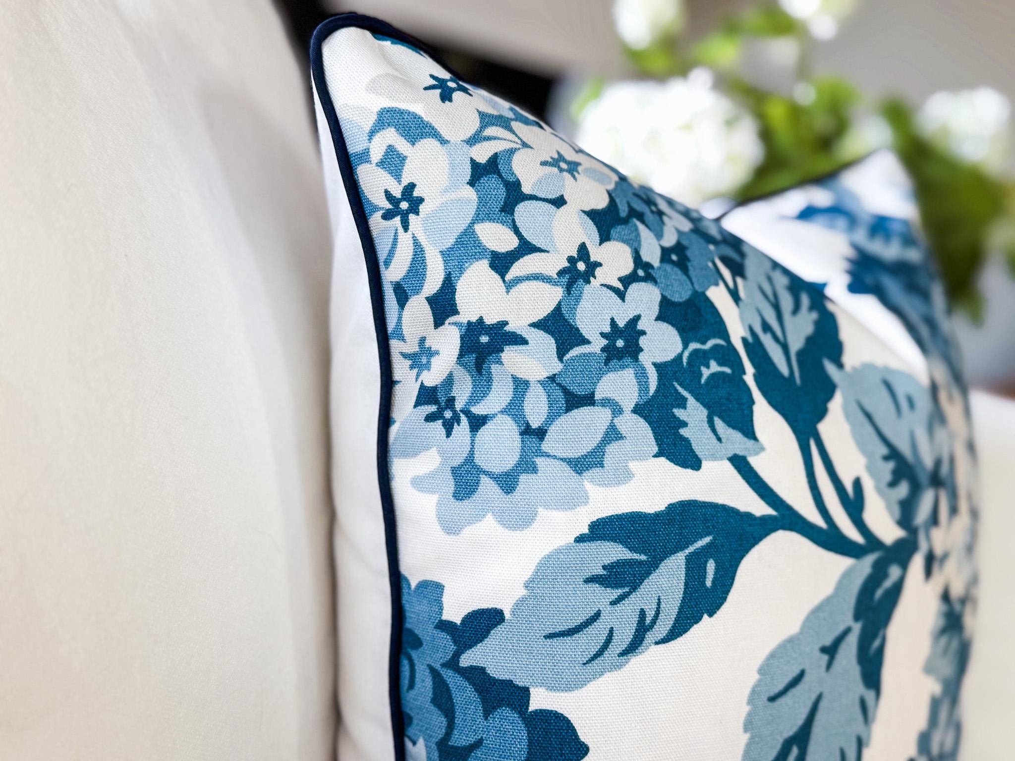Blue Summer Wind Hydrangea Floral Pillow Cover - Farmhouse Cottagecore Grandmillennial Decor