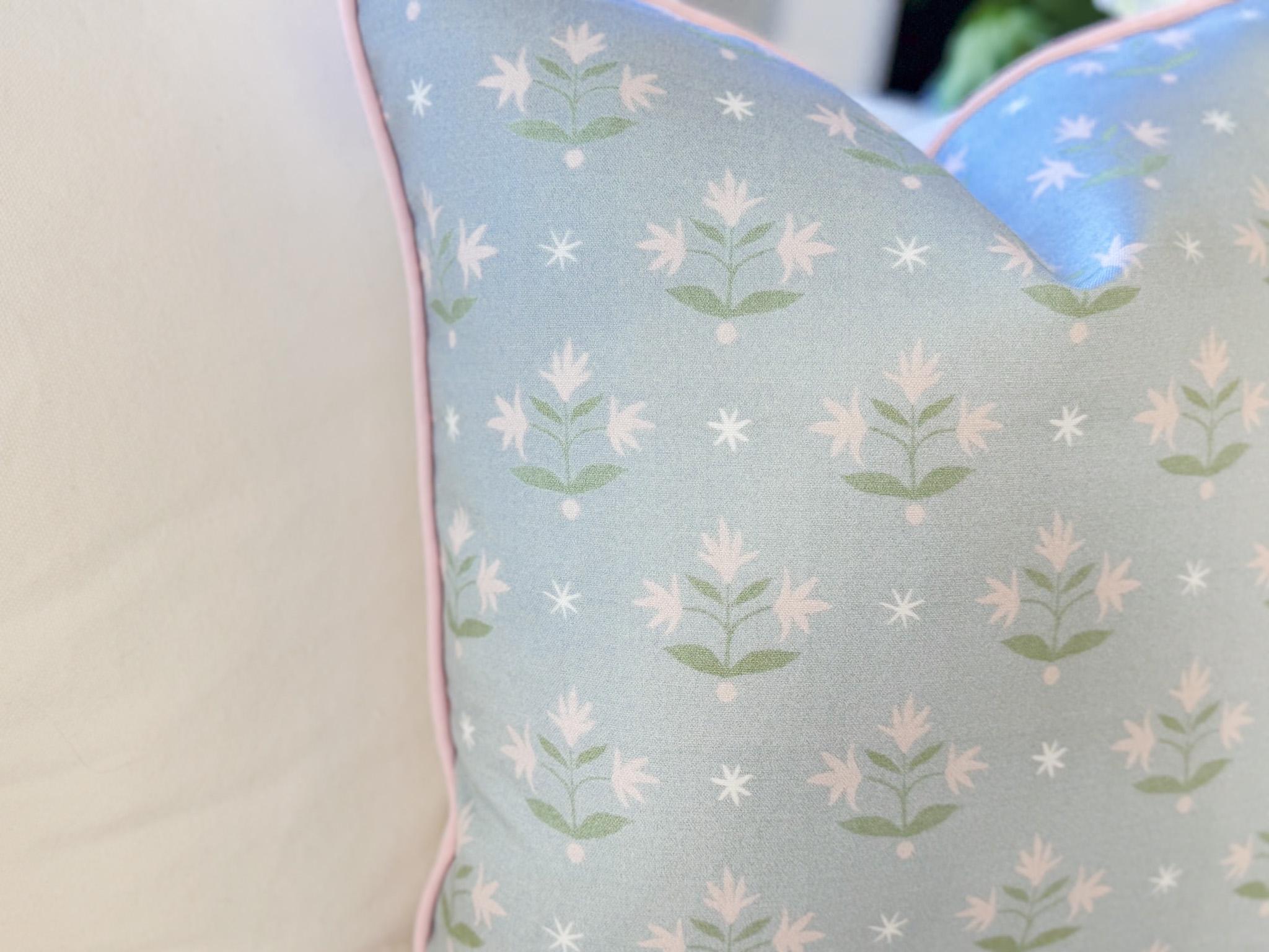 Danika Herrick Thistle Blue Floral Block Print Pillow Cover - Grandmillenial Decor