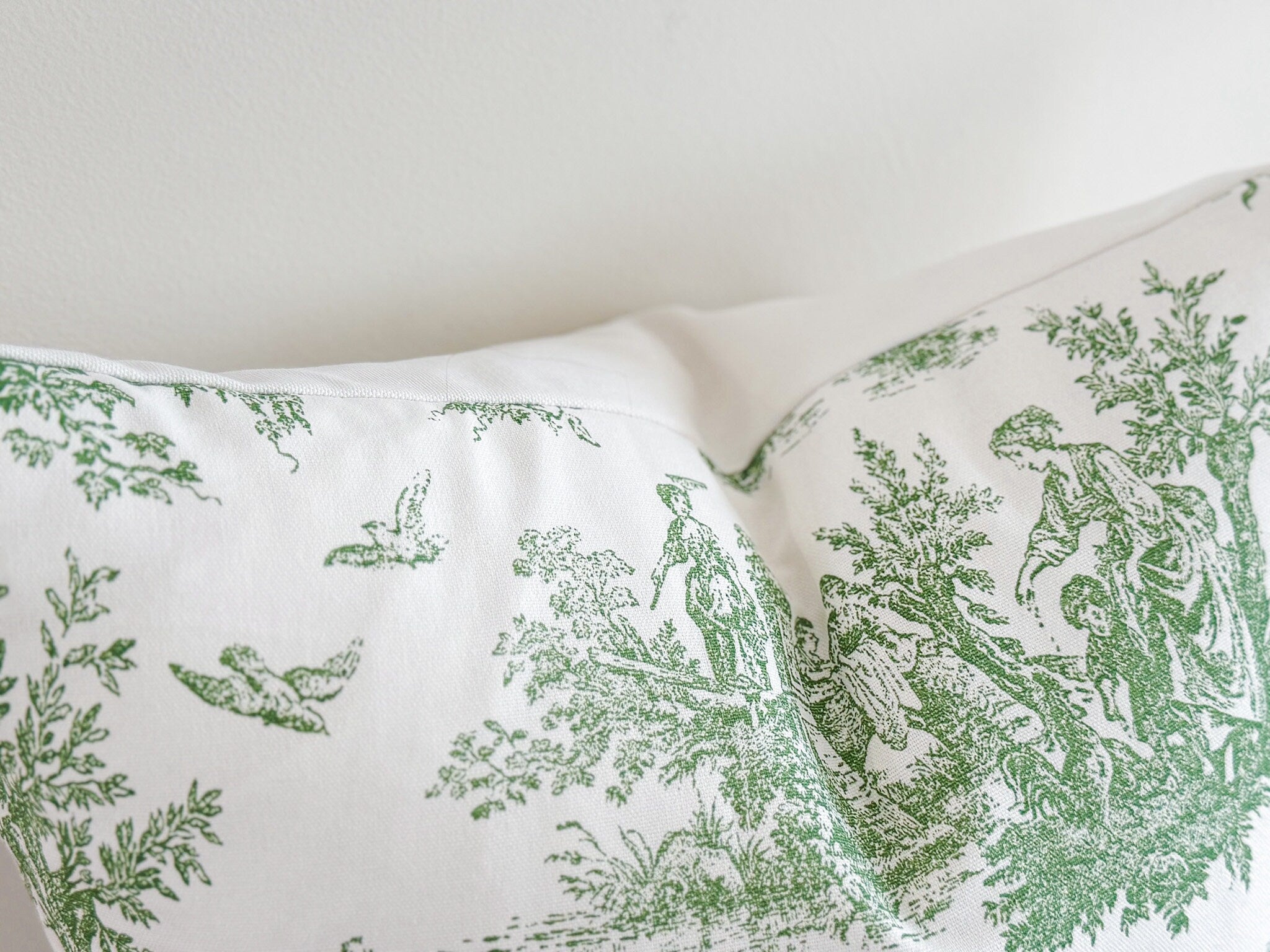 Green Toile Pillow Cover - Cottagecore Farmhouse Decor
