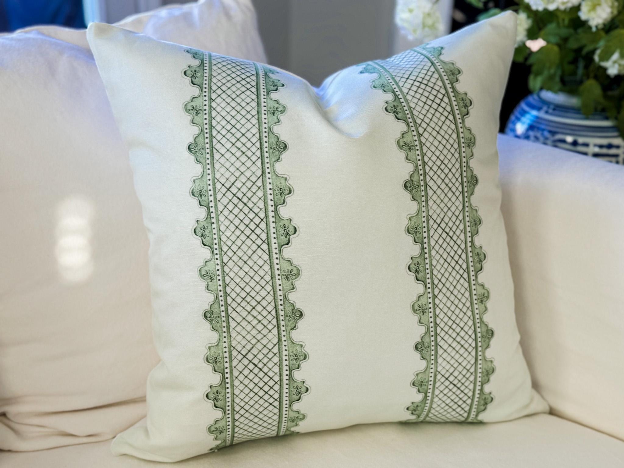Danika Herrick Clarabelle Green Lattice Stripe Pillow Cover - Grandmillennial Decor