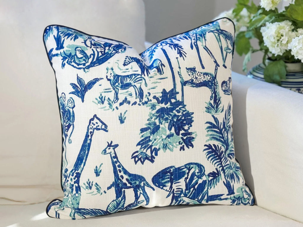 Blue Jungle Animal Print Toile Pillow Cover
