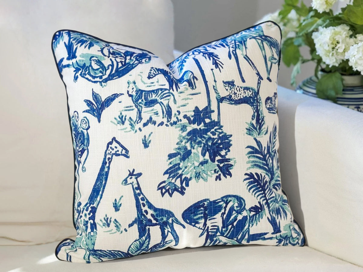 Blue Jungle Animal Print Toile Pillow Cover