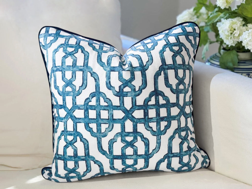 Blue Lattice Trellis Pillow Cover