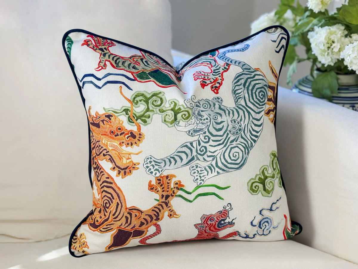 Hamilton Himalaya Natural Tigers & Dragons Pillow Cover - Chinoiserie Decor