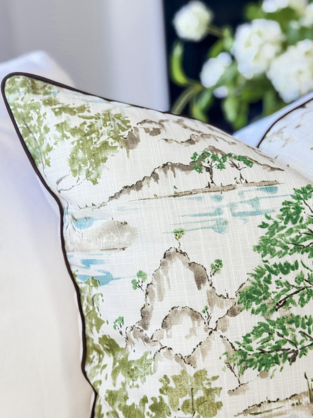 Ballard Glenna Beige Toile Pillow Cover  Top Corner