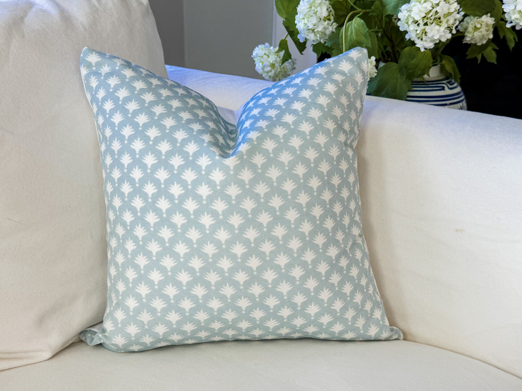 Danika Herrick Blue Tiny Palms Block Print Pillow Cover - Grandmillennial Coastal Decor