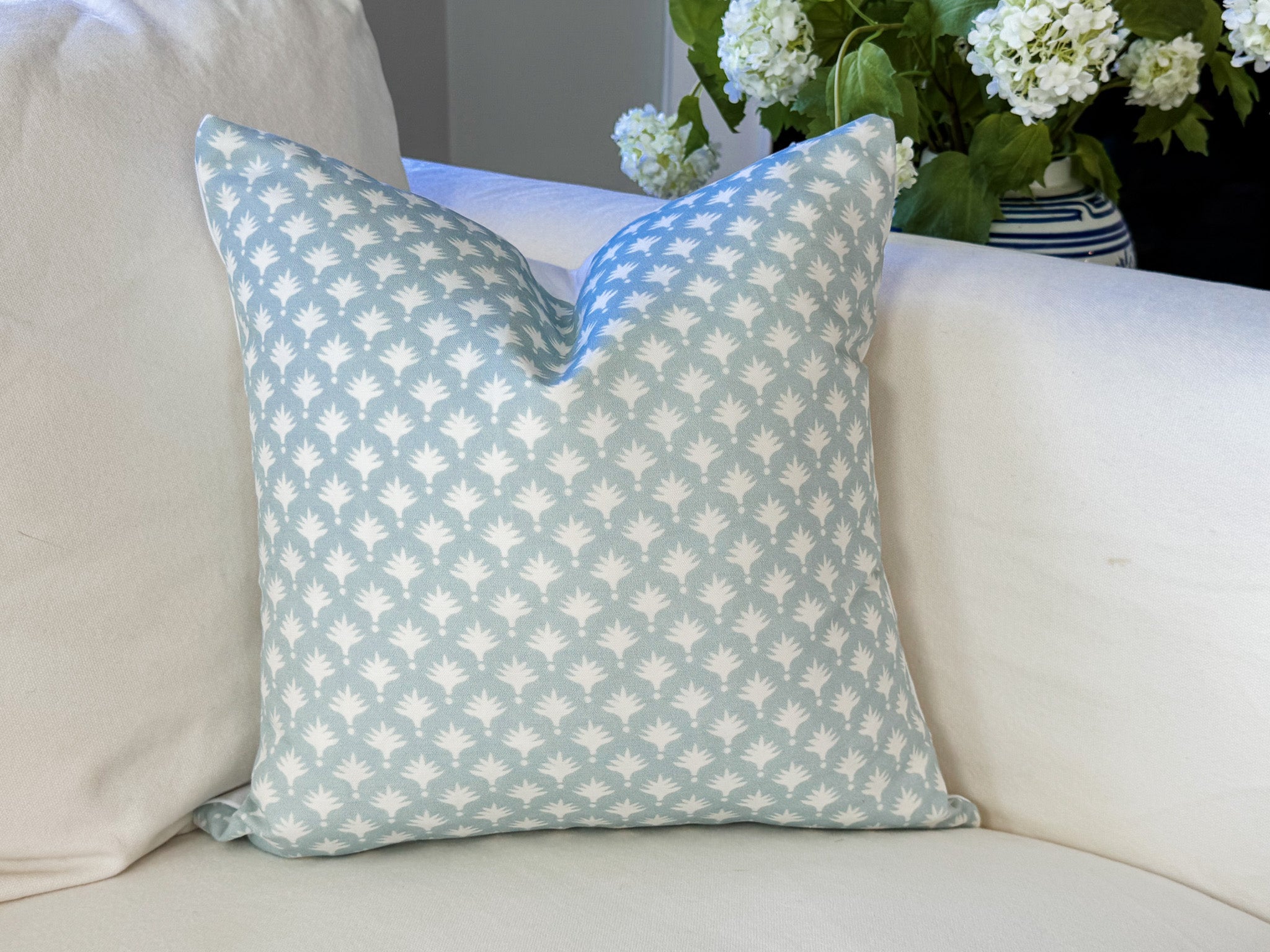 Danika Herrick Blue Tiny Palms Block Print Pillow Cover - Grandmillennial Coastal Decor