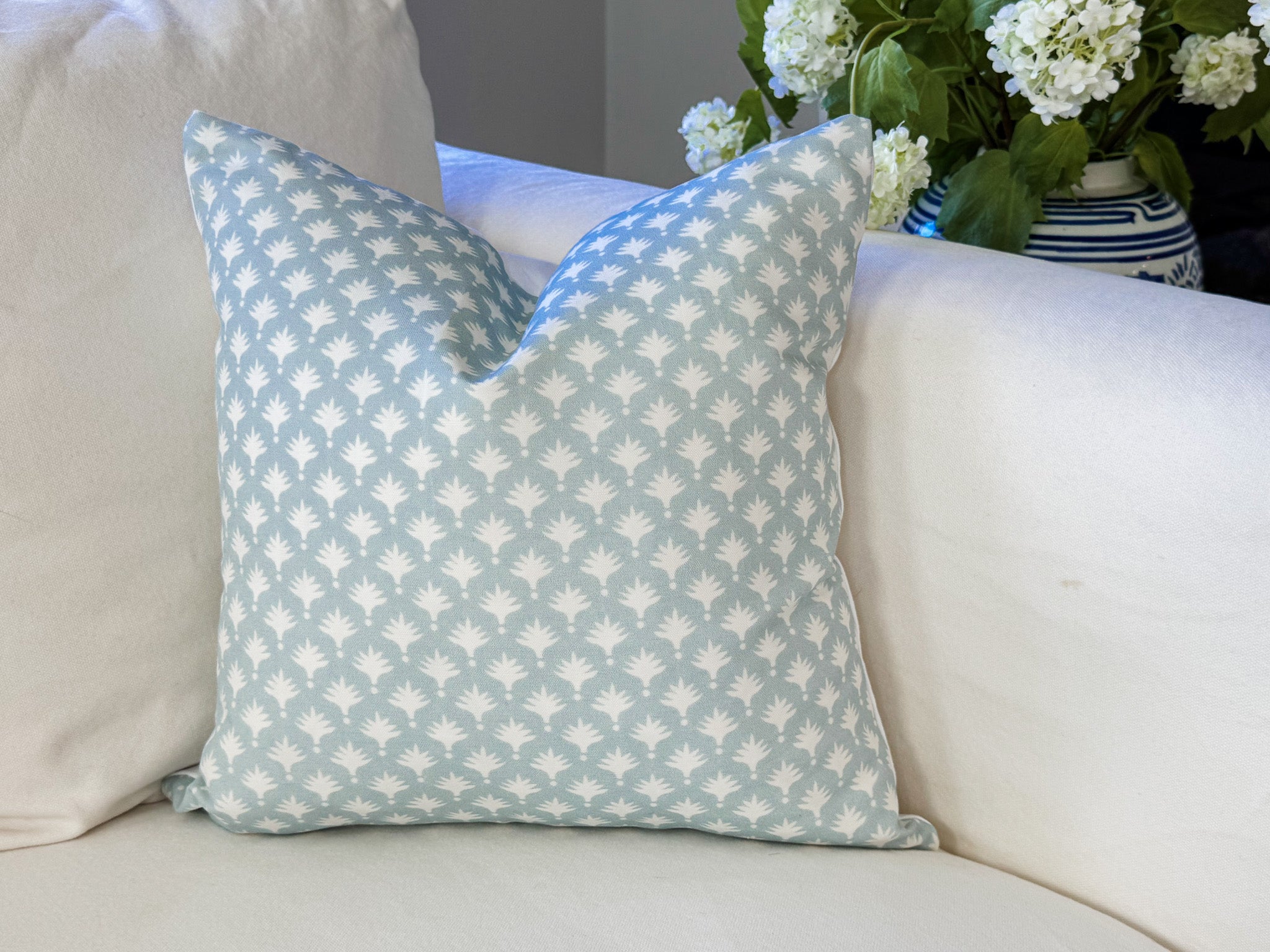 Danika Herrick Blue Tiny Palms Block Print Pillow Cover - Grandmillennial Coastal Decor