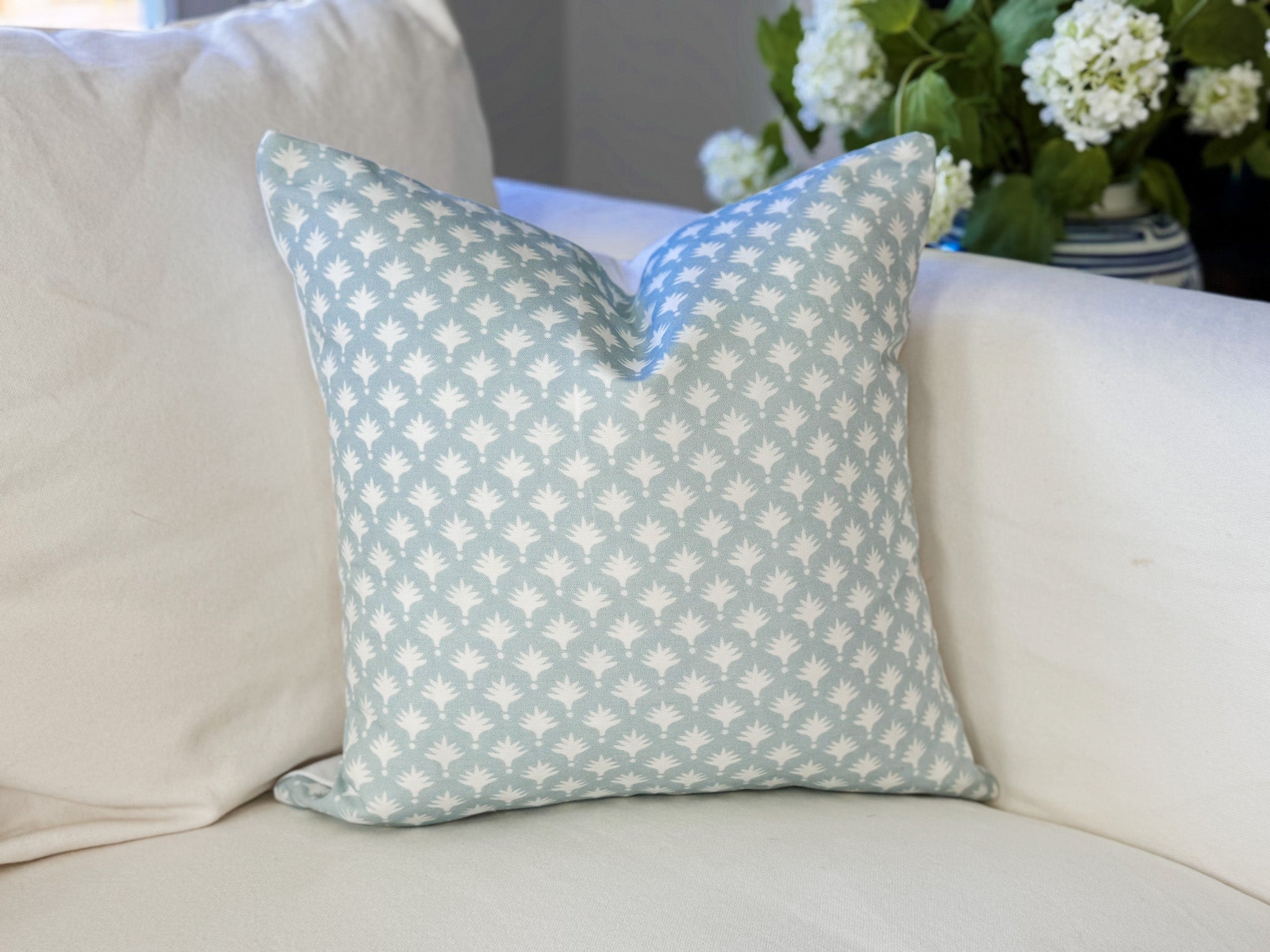 Danika Herrick Blue Tiny Palms Block Print Pillow Cover - Grandmillennial Coastal Decor