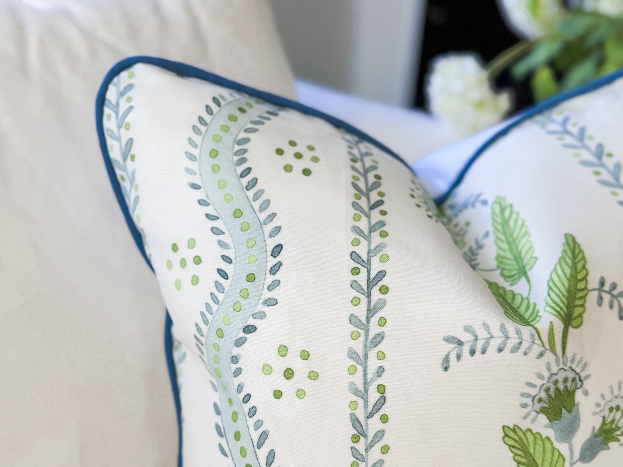 Danika Herrick Blue Green Floral Vines Pillow Cover - Grandmillenial Decor