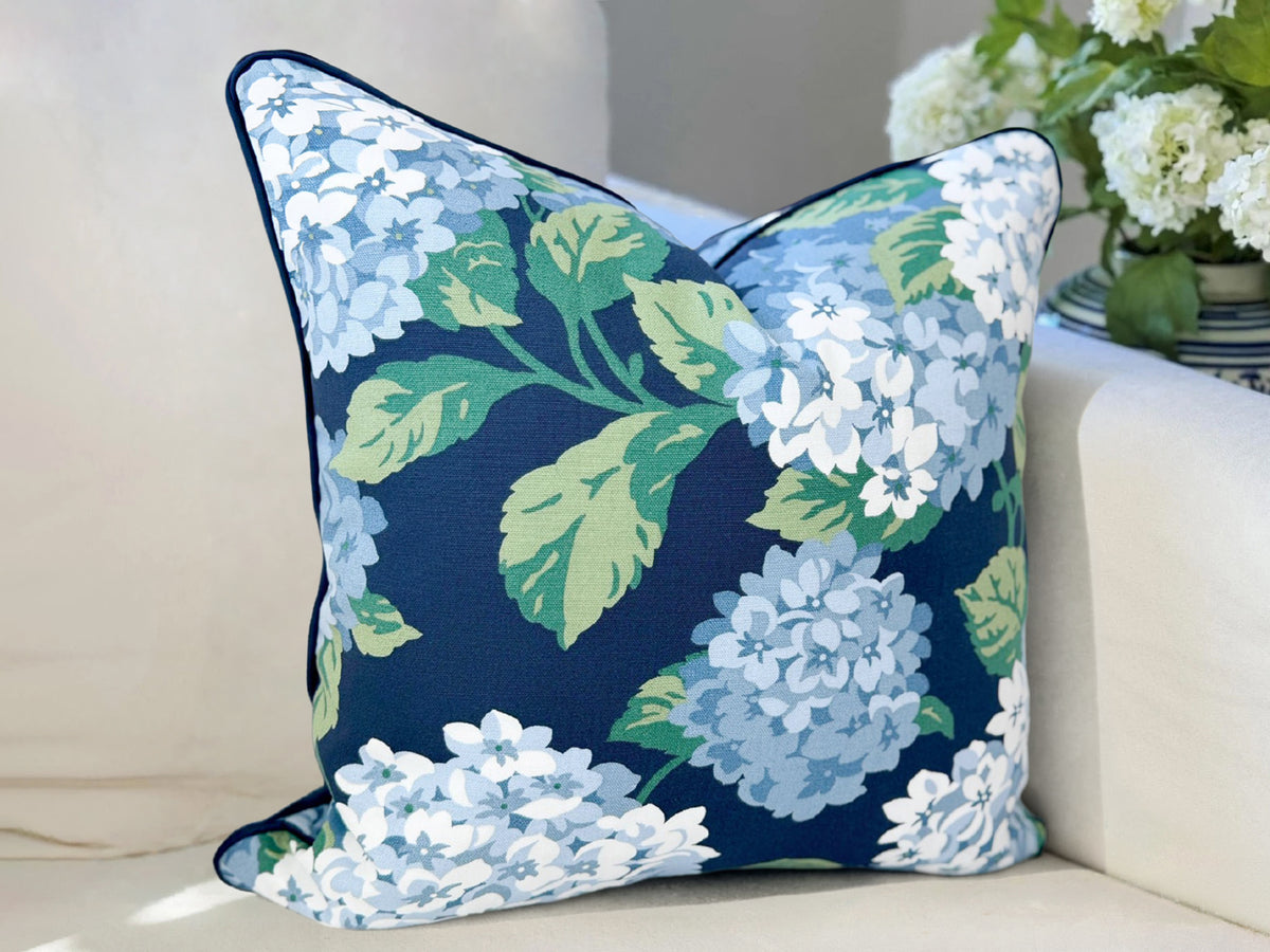 Navy Summer Wind Hydrangea Floral Pillow Cover