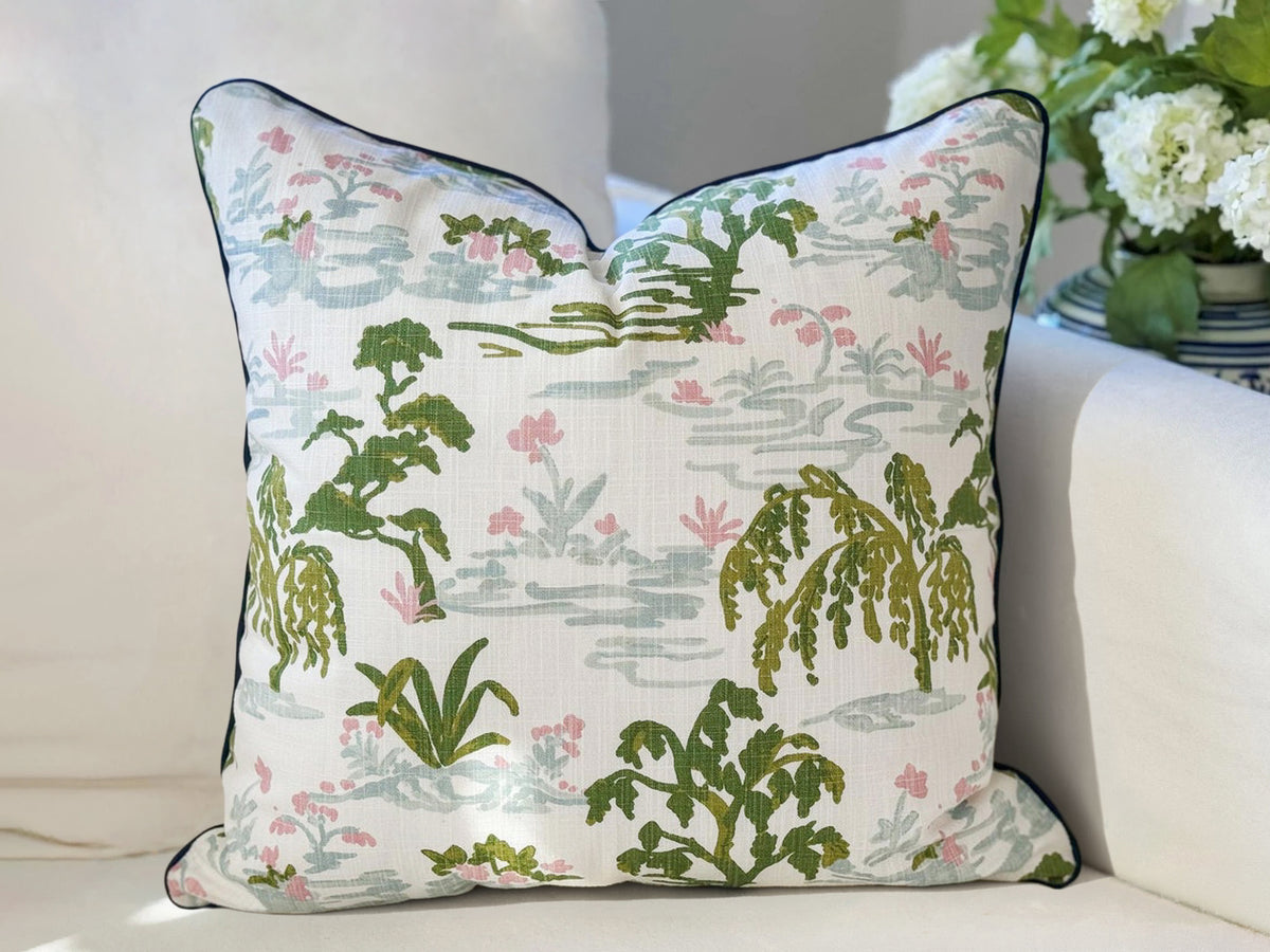 Pink & Green Toile Pillow Cover