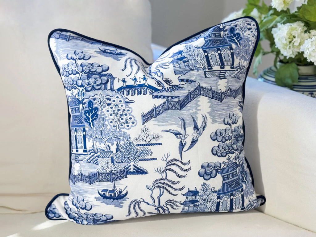 Whitney English Blue Willow Toile Pillow Cover