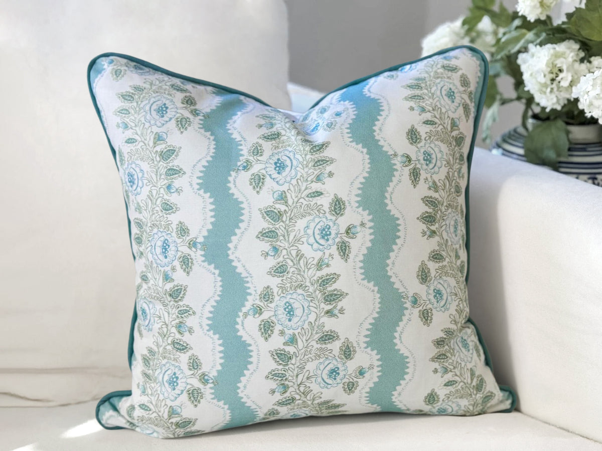 Whitney English Mint Blue Floral Stripe Pillow Cover