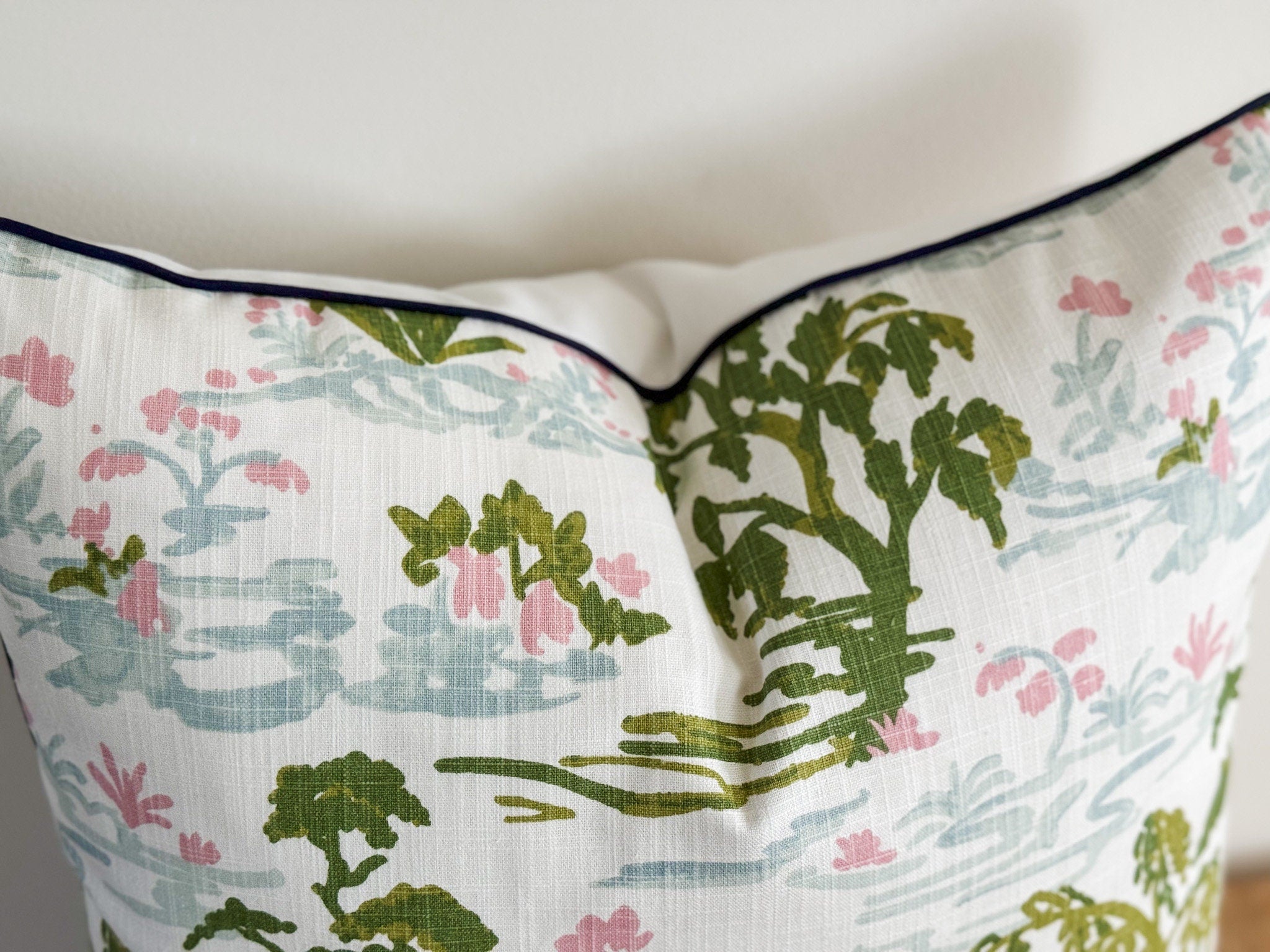 Pink & Green Toile Pillow Cover - Grandmillennial Chinoiserie Decor