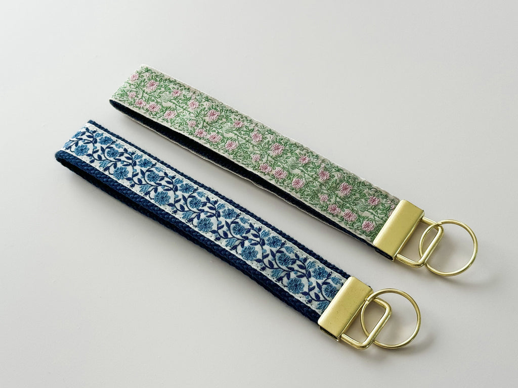Embroidered Floral Trim Keychain - Gold Wristlet Key Fob