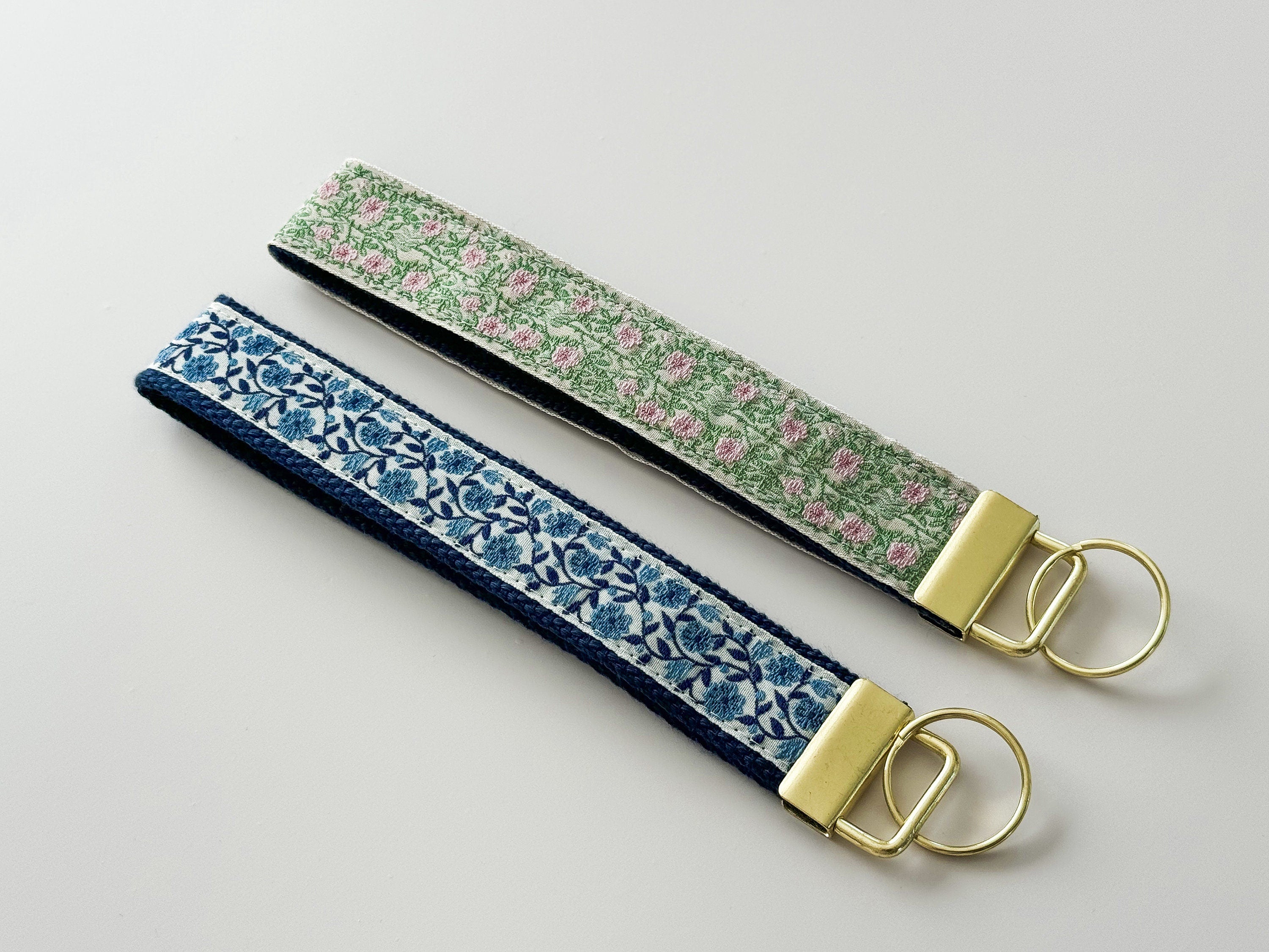 Embroidered Floral Trim Keychain - Gold Wristlet Key Fob