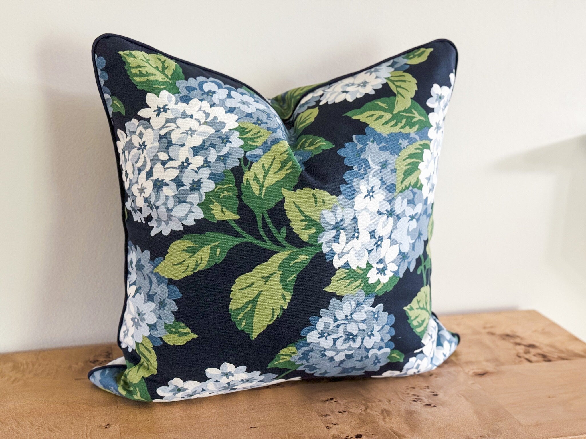 Navy Summer Wind Hydrangea Floral Pillow Cover - Farmhouse Cottagecore Decor