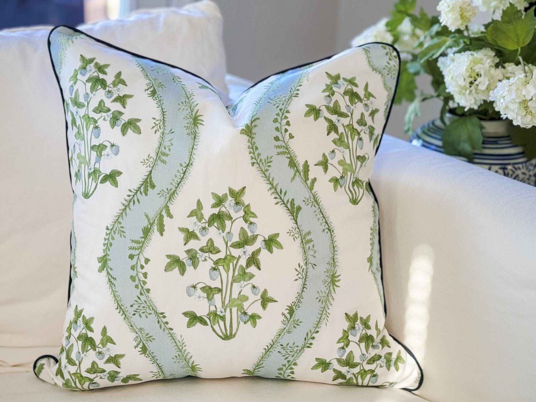 Danika Herrick Strawberry Stripe Floral Pillow Cover - Grandmillennial Decor