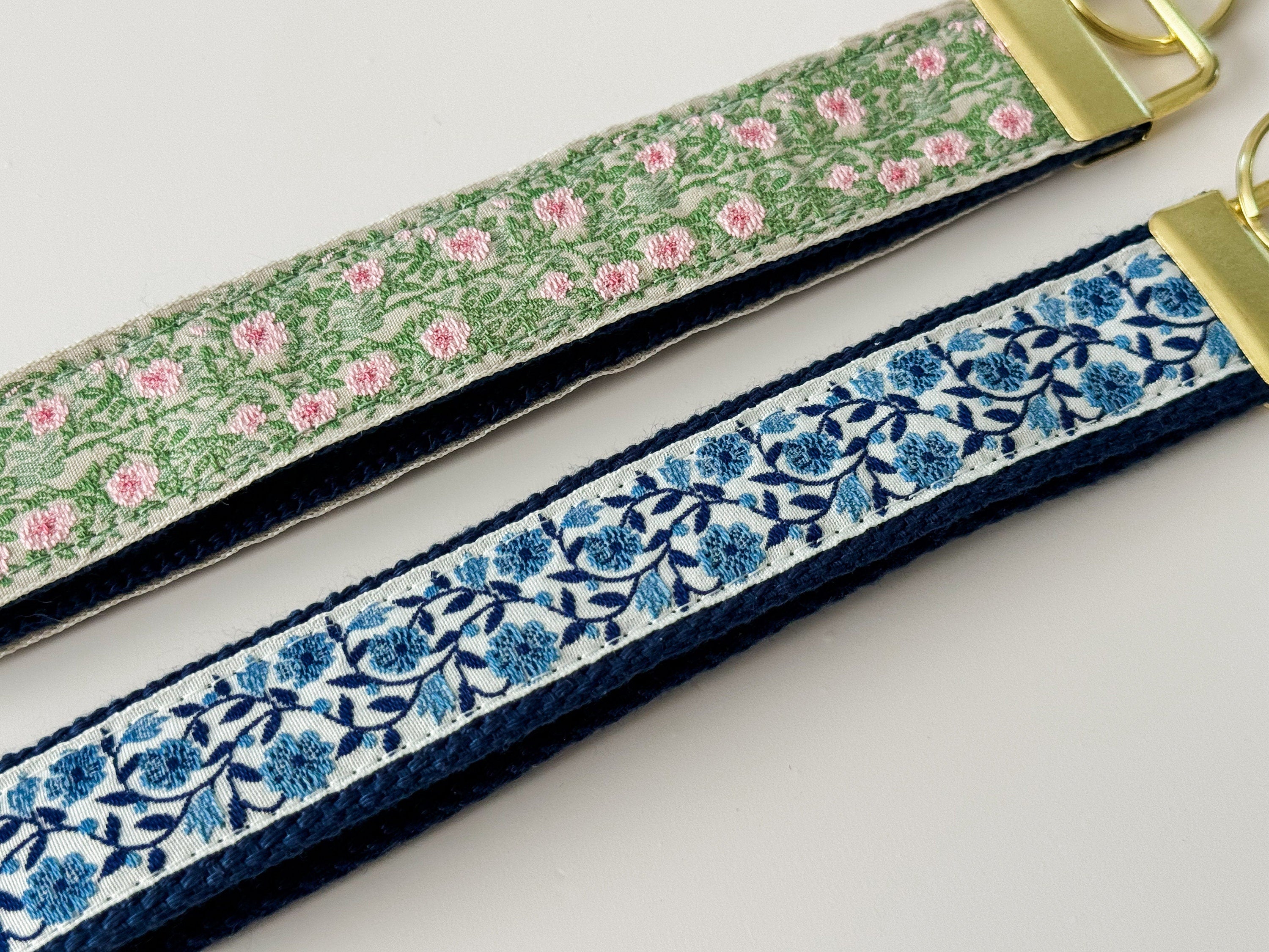 Embroidered Floral Trim Keychain - Gold Wristlet Key Fob