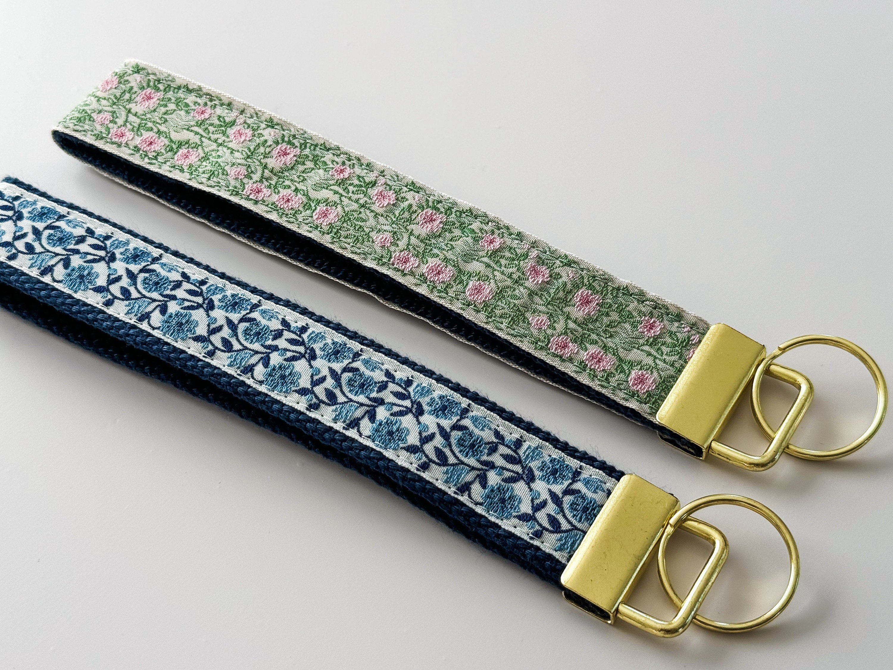 Embroidered Floral Trim Keychain - Gold Wristlet Key Fob