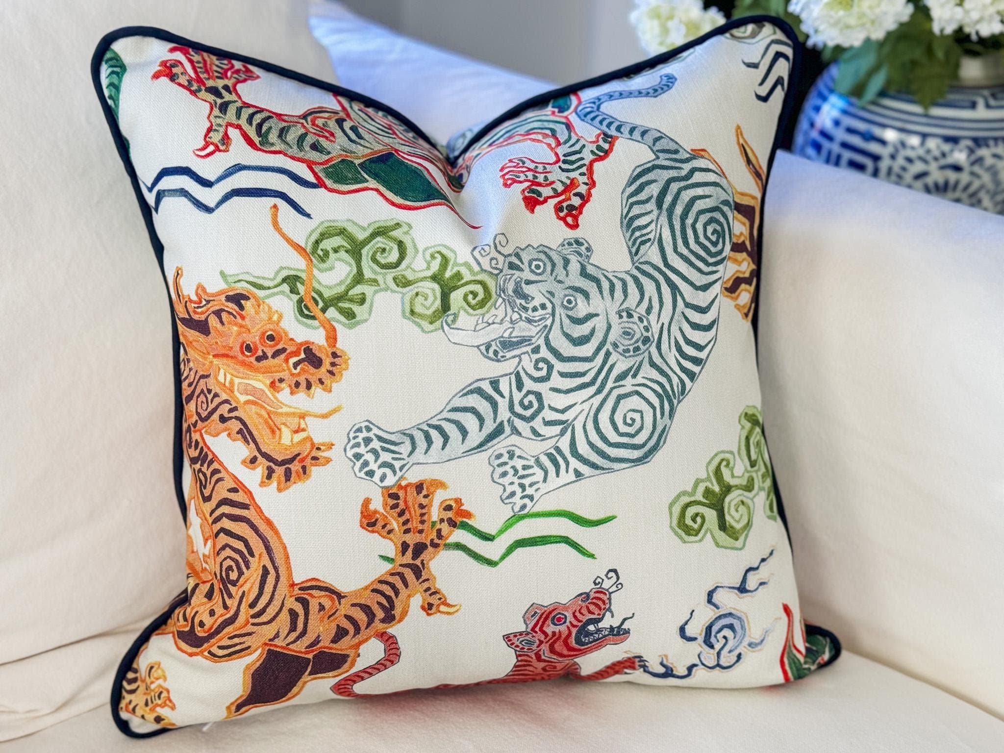 Hamilton Himalaya Natural Tigers & Dragons Pillow Cover - Chinoiserie Decor