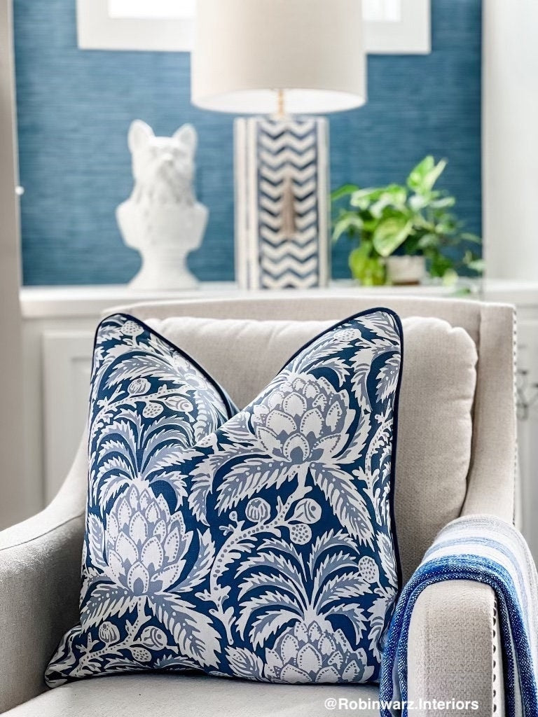 Serena and Lily Vintage Indigo Artichoke Floral Pillow Cover - Coastal Grandmillennial Decor