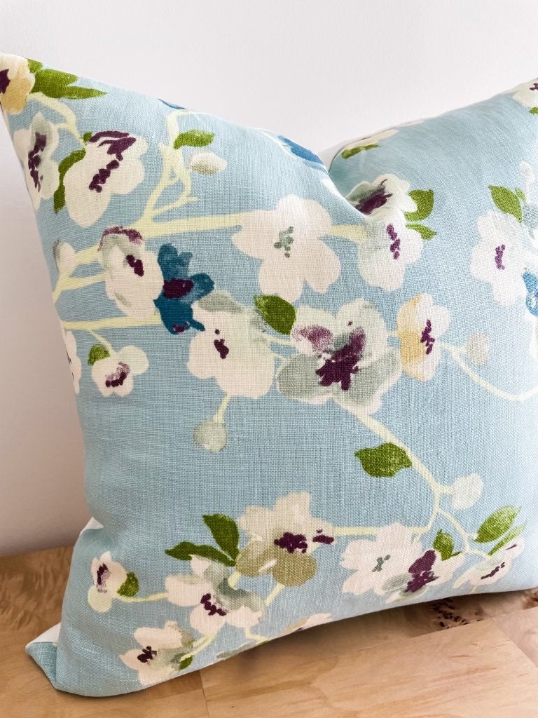 Blue Linen Floral Pillow Cover - Grandmillennial Decor