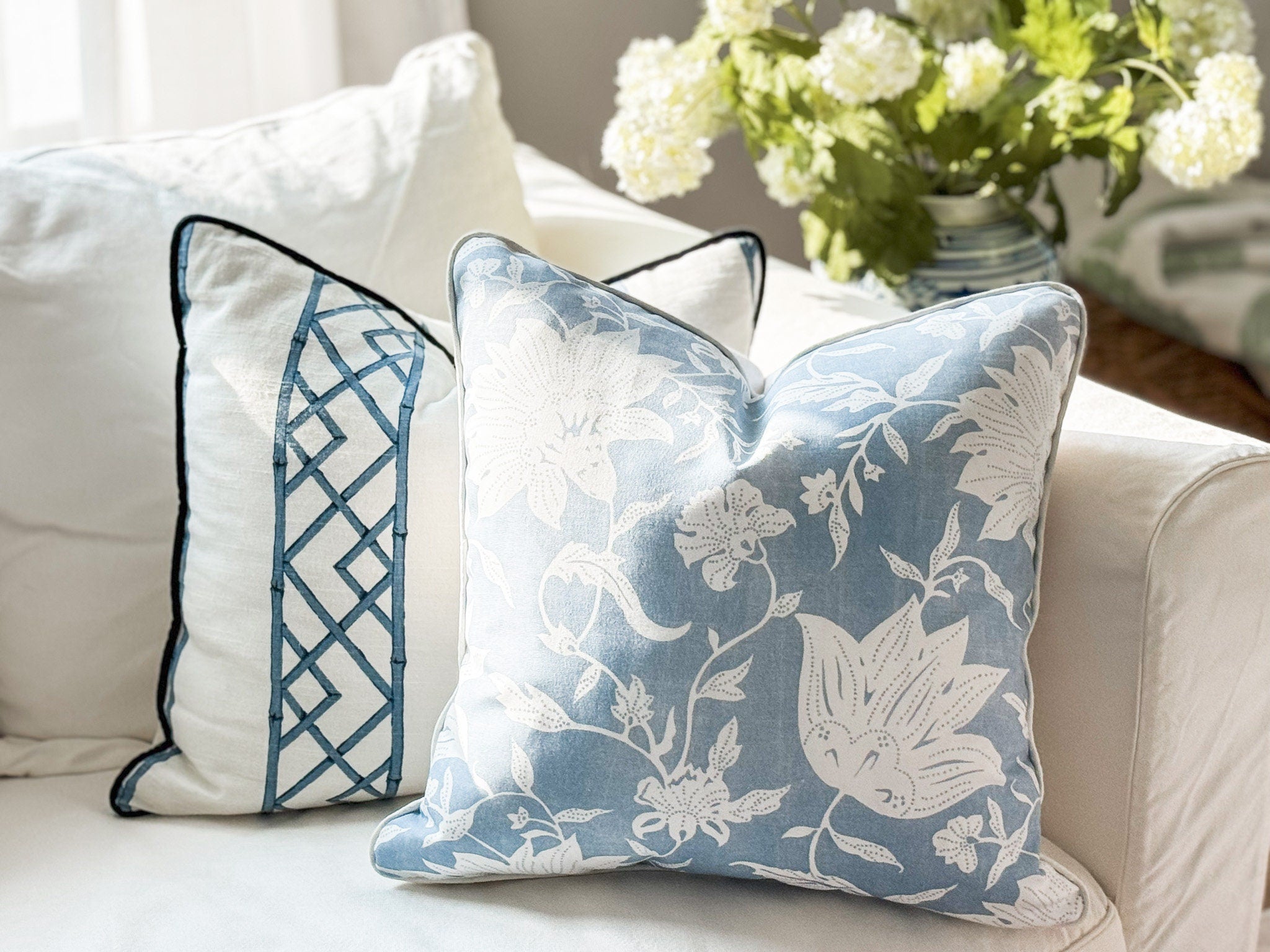 Serena & Lily Blue Deauville Floral Indoor Outdoor Pillow Cover - Coastal Grandmillenial Decor