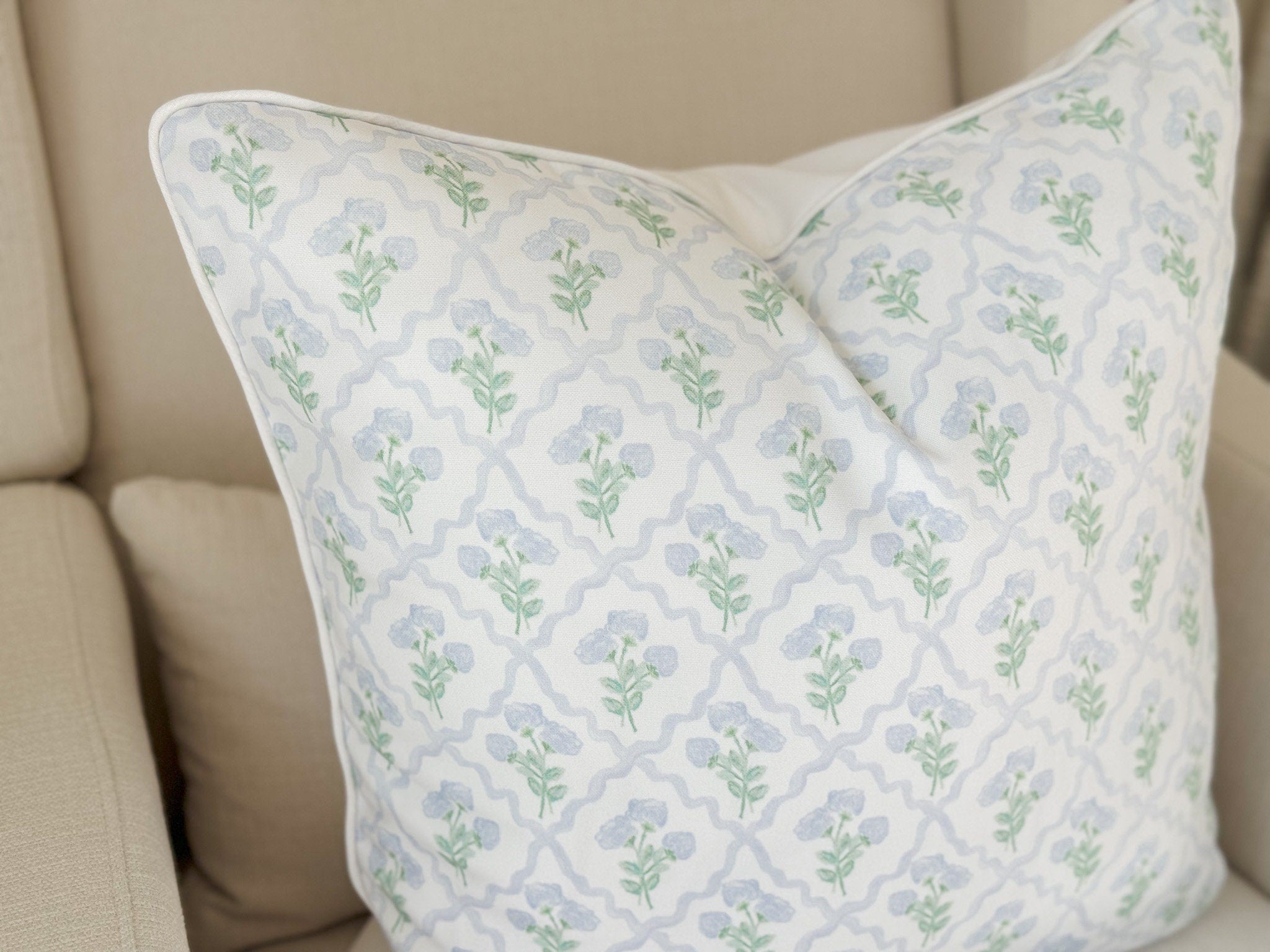 Watercolor Hydrangea Blue Floral Pillow Cover - Grandmillennial Decor