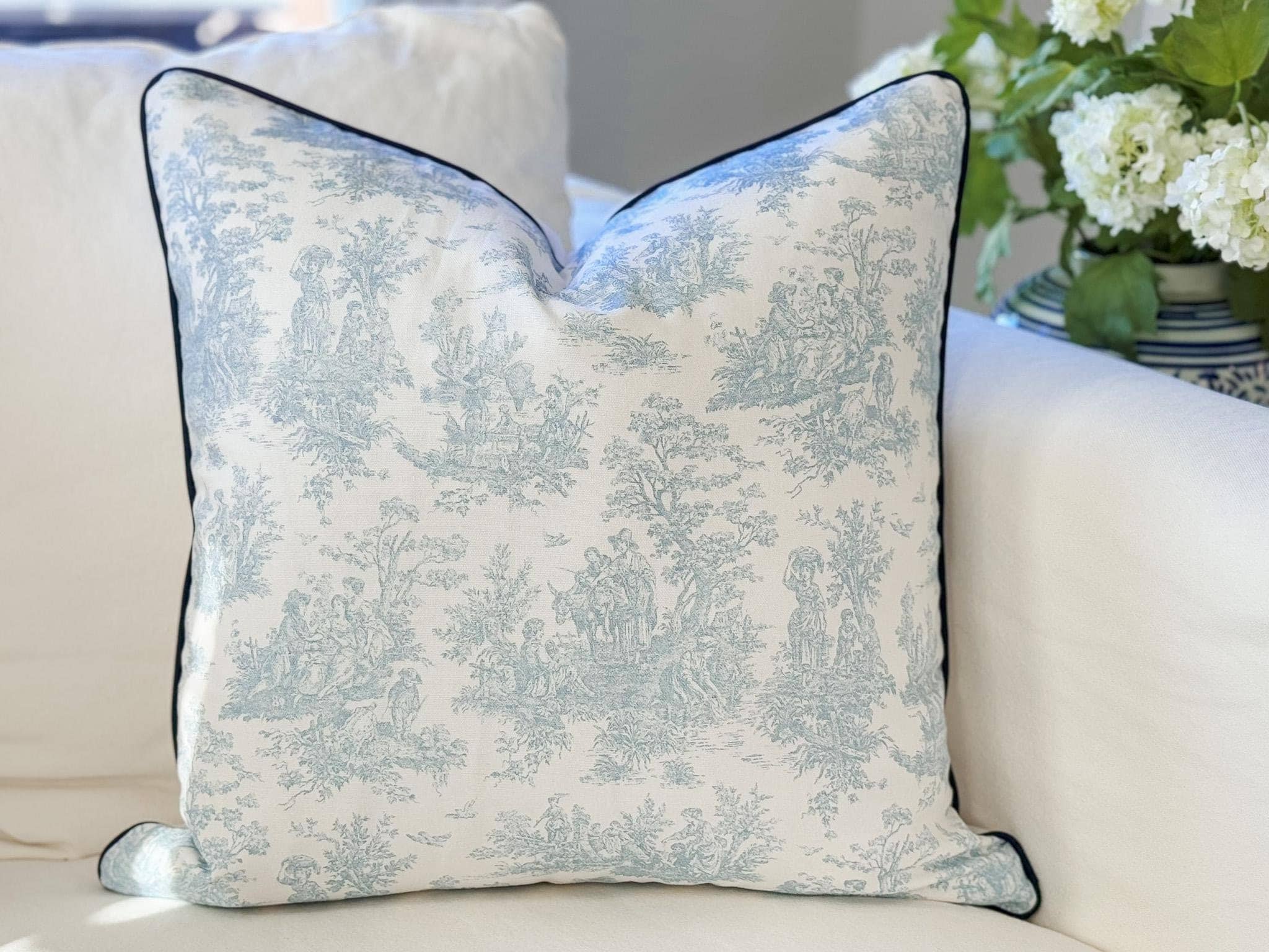 Light Blue Toile Pillow Cover - Farmhouse Cottage Decor