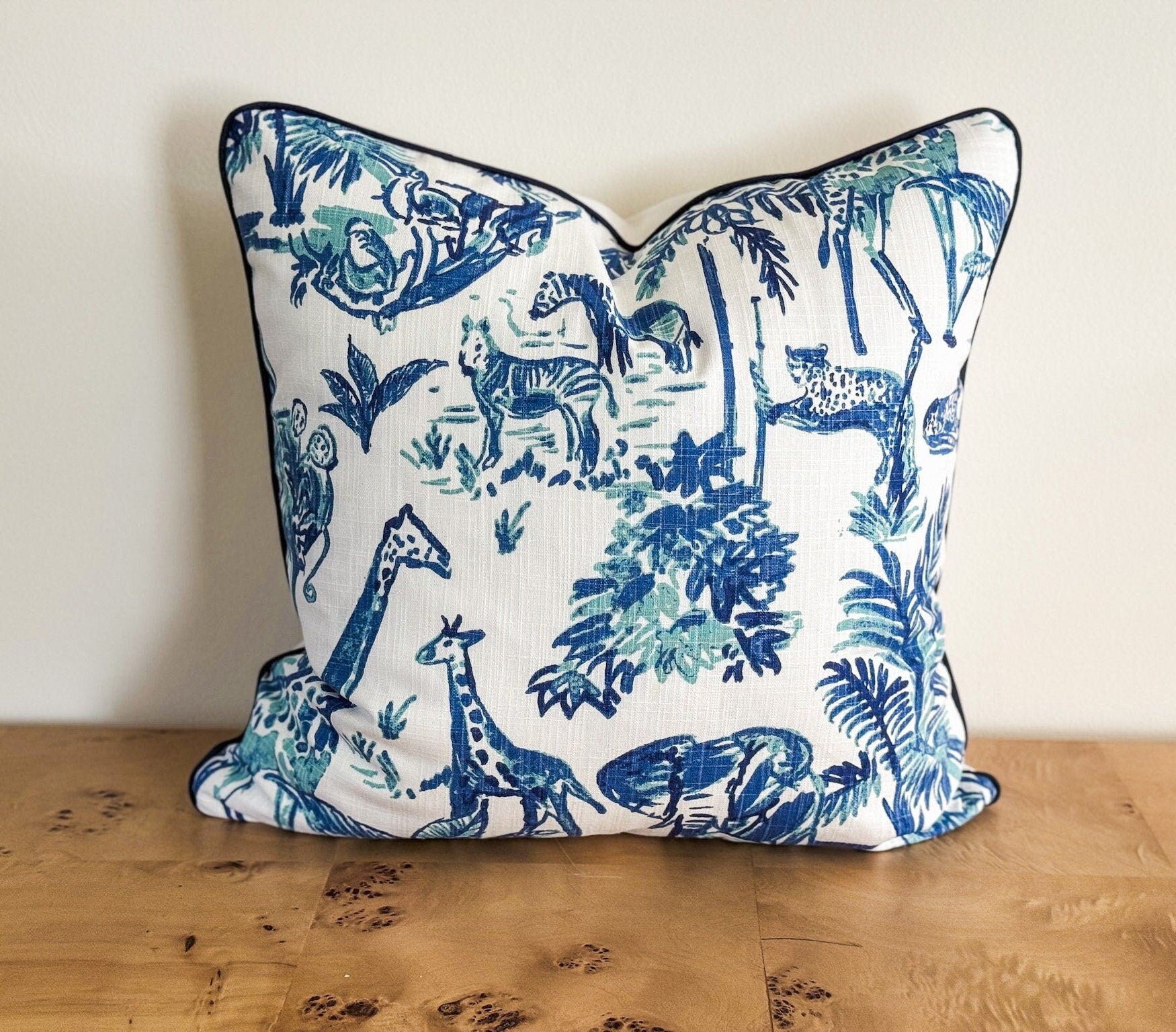 Blue Jungle Animal Print Toile Pillow Cover - Chinoiserie Decor