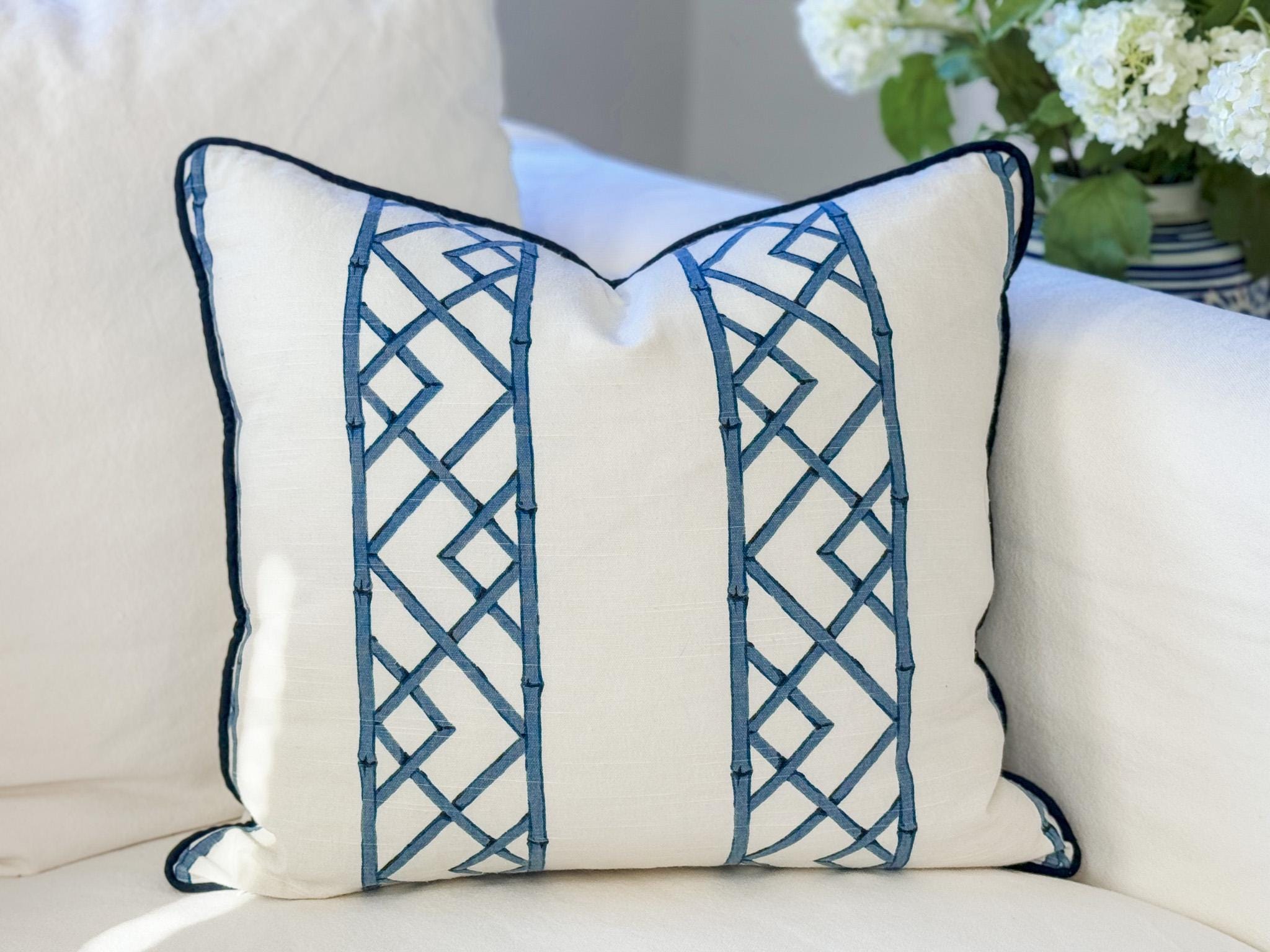 Ballard Reva Blue Bamboo Lattice Pillow Cover - Chinoiserie Grandmillenial Decor