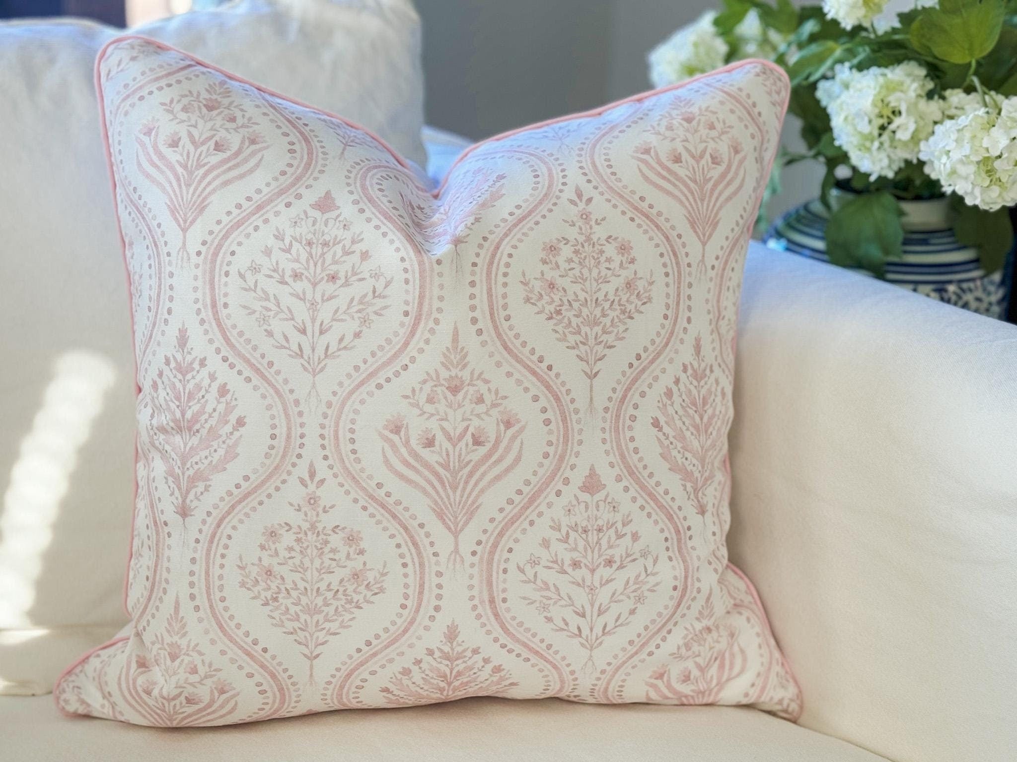 Danika Herrick Pink Monticello Floral Block Print Pillow Cover - Grandmillennial Decor