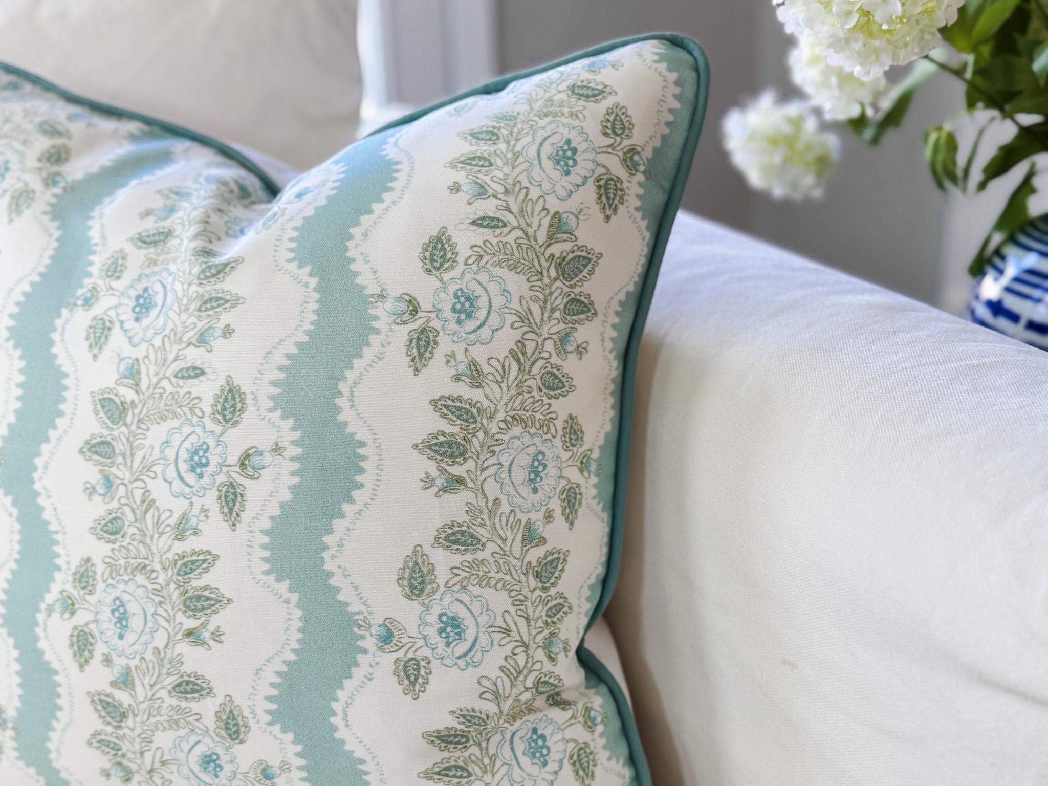 Whitney English Mint Blue Floral Stripe Pillow Cover - Grandmillennial Decor