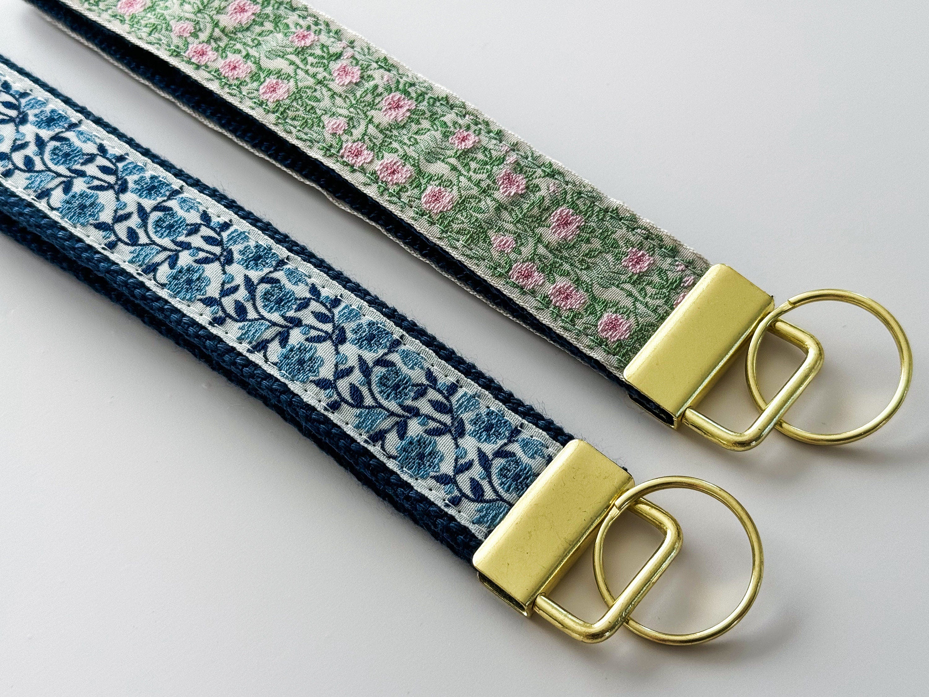 Embroidered Floral Trim Keychain - Gold Wristlet Key Fob