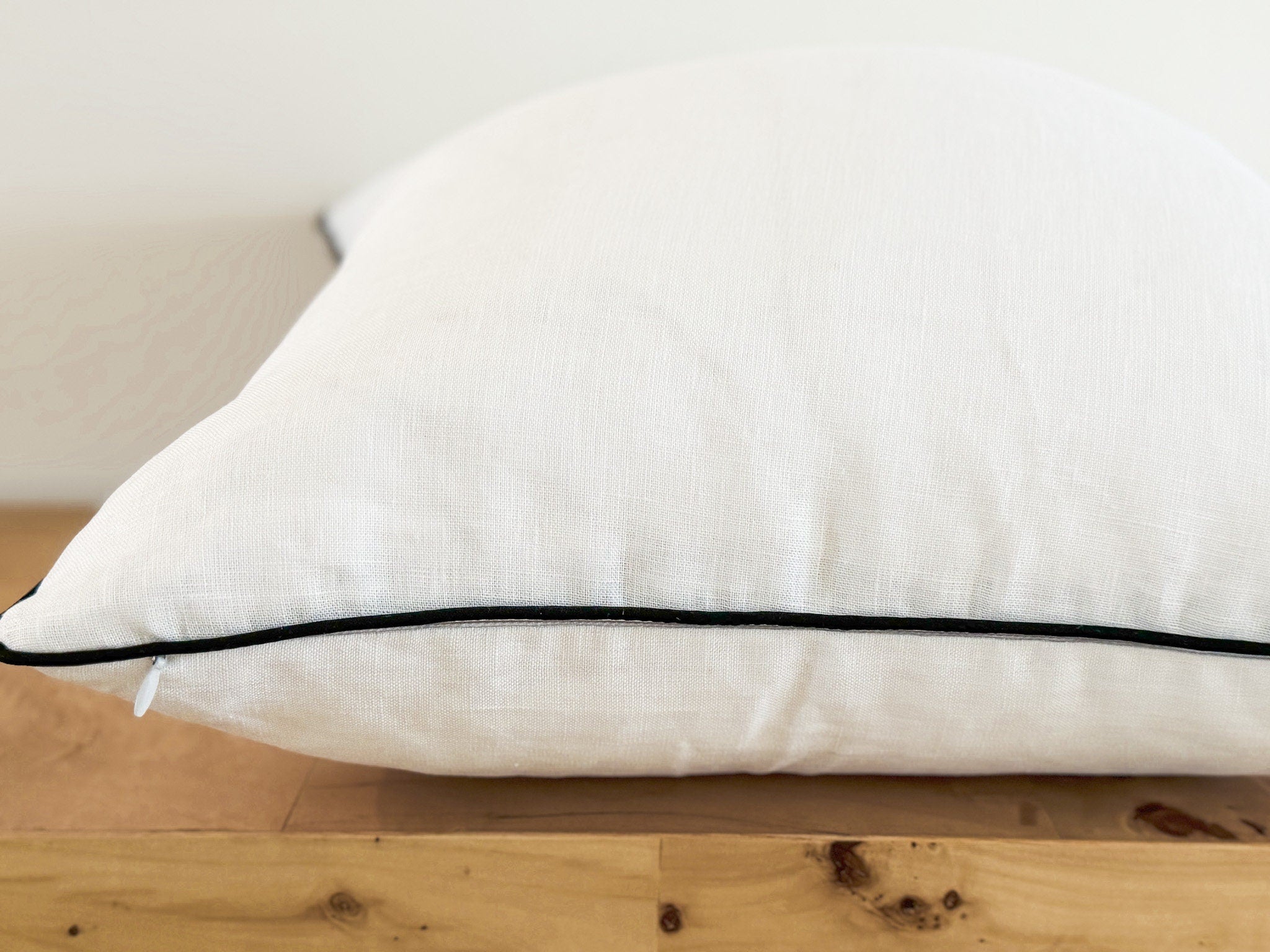 White Linen Pillow Cover: Farmhouse Cottagecore Decor with Black Piping