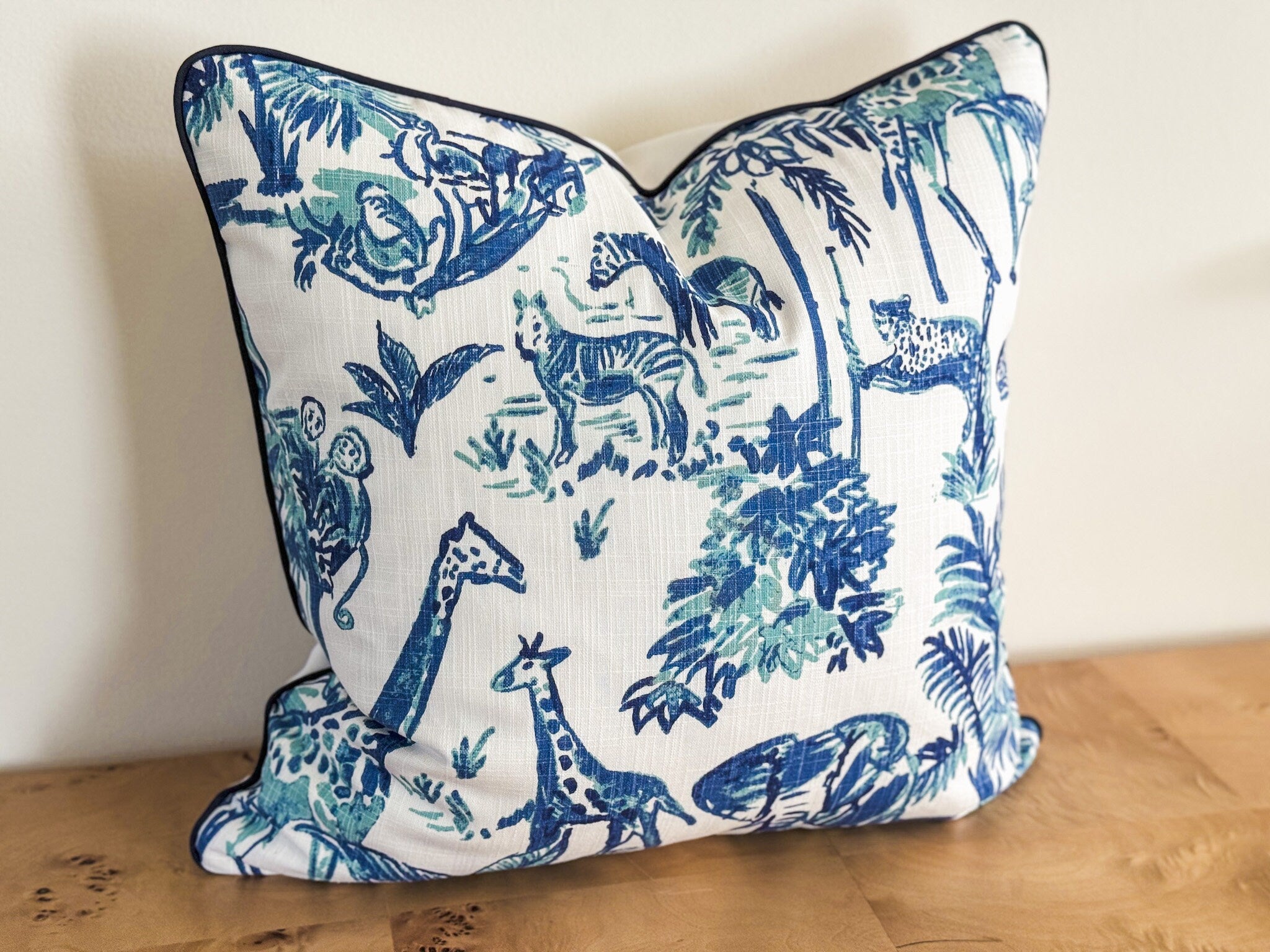 Blue Jungle Animal Print Toile Pillow Cover - Chinoiserie Decor
