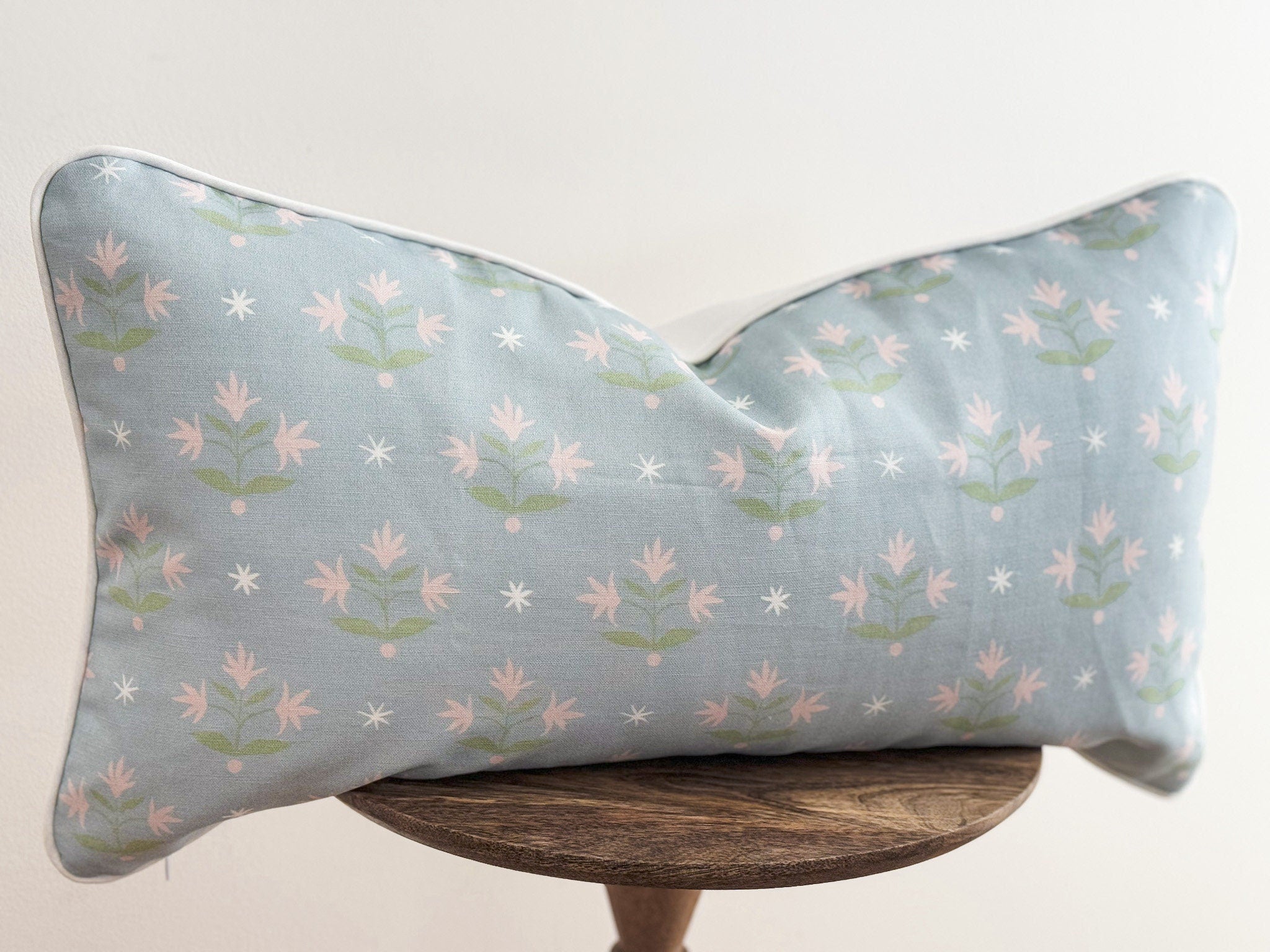 Danika Herrick Thistle Blue Floral Block Print Pillow Cover - Grandmillenial Decor